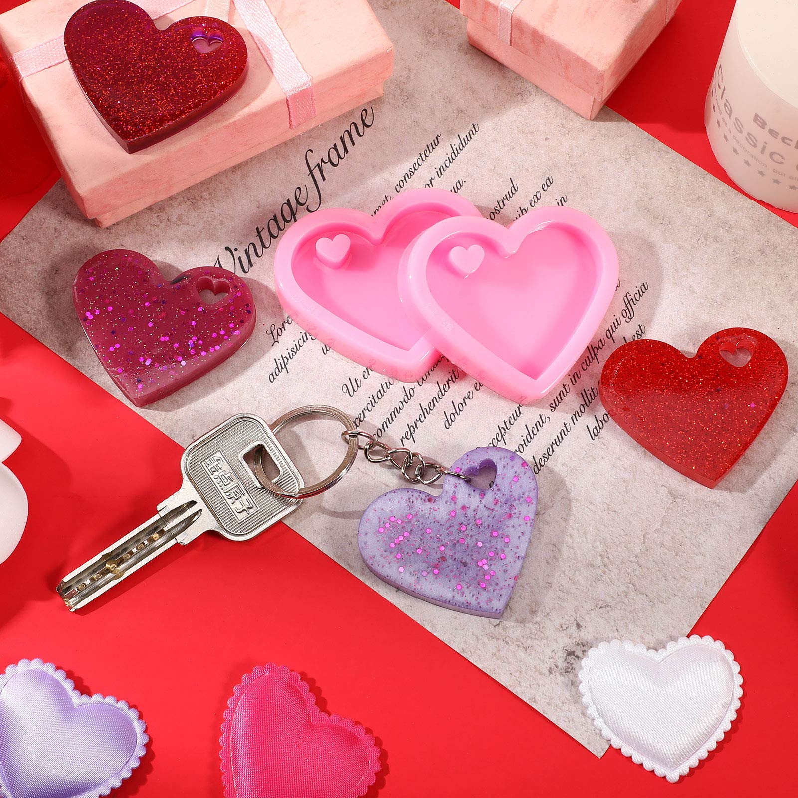 Patelai 10 Set Heart Silicone Mold With Hole Valentine'S Day Heart Mould With 10 Pcs Key Rings For Diy Keychain Craft Heart Shap