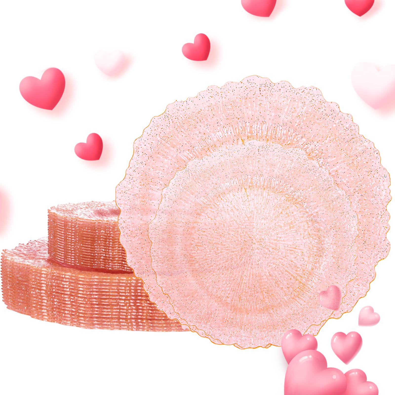 U-Qe 60Pcs Pink Plates For Party - Pink Valentines Plates Disposable Heavy Duty - Clear Pink Plastic Plates For Valentine'S Day