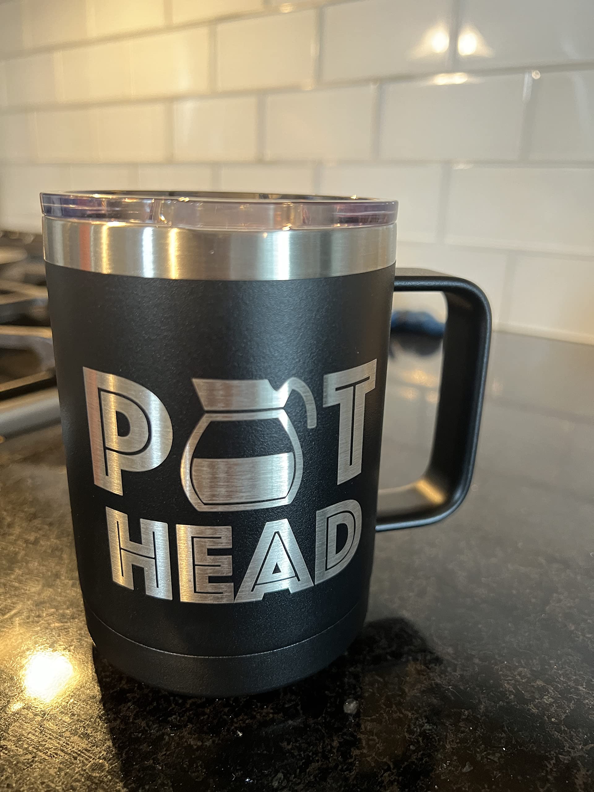 Griffco Supply Pot Head funny coffee mug for work, office, coworker - 15 ounce stainless steel insulated with lid (White)