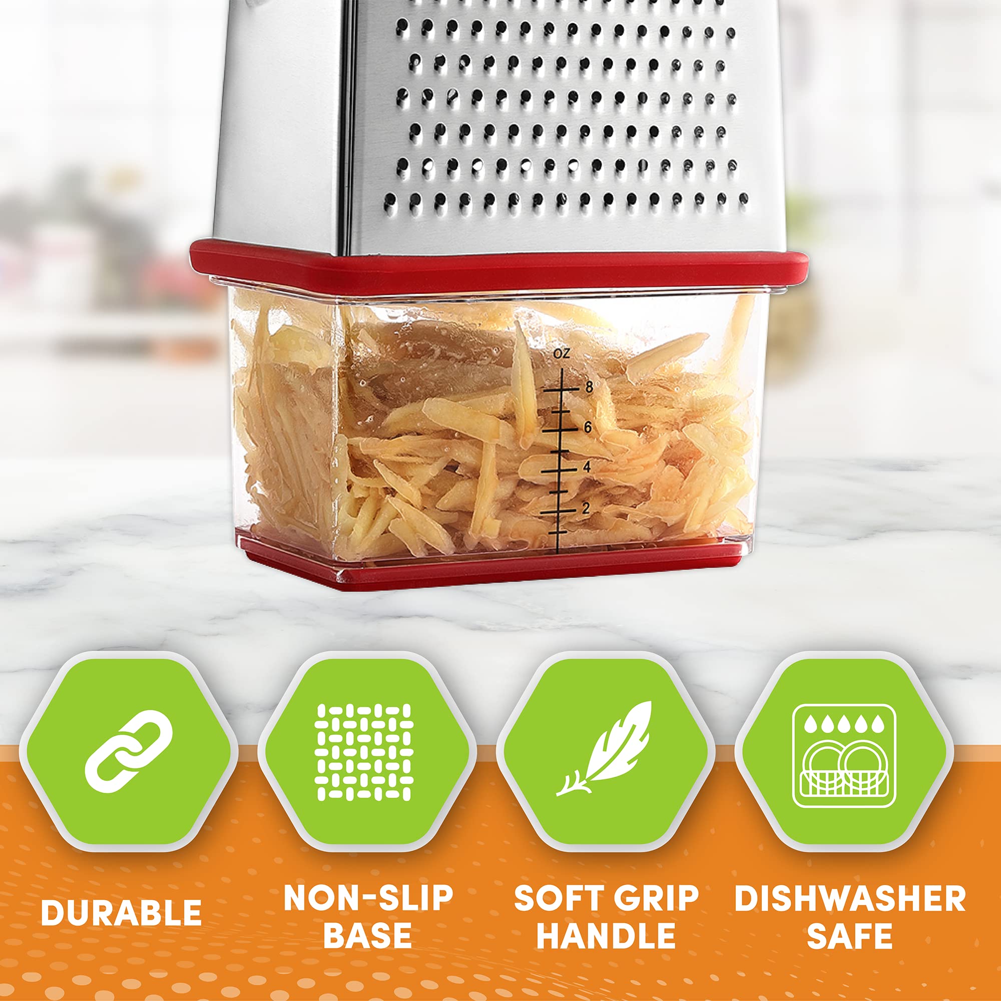 Spring Chef Professional Red 10'' Parmesan Cheese Grater With Container, Stainless Steel & Soft Grip Handle, 4 Sided Kitchen Car