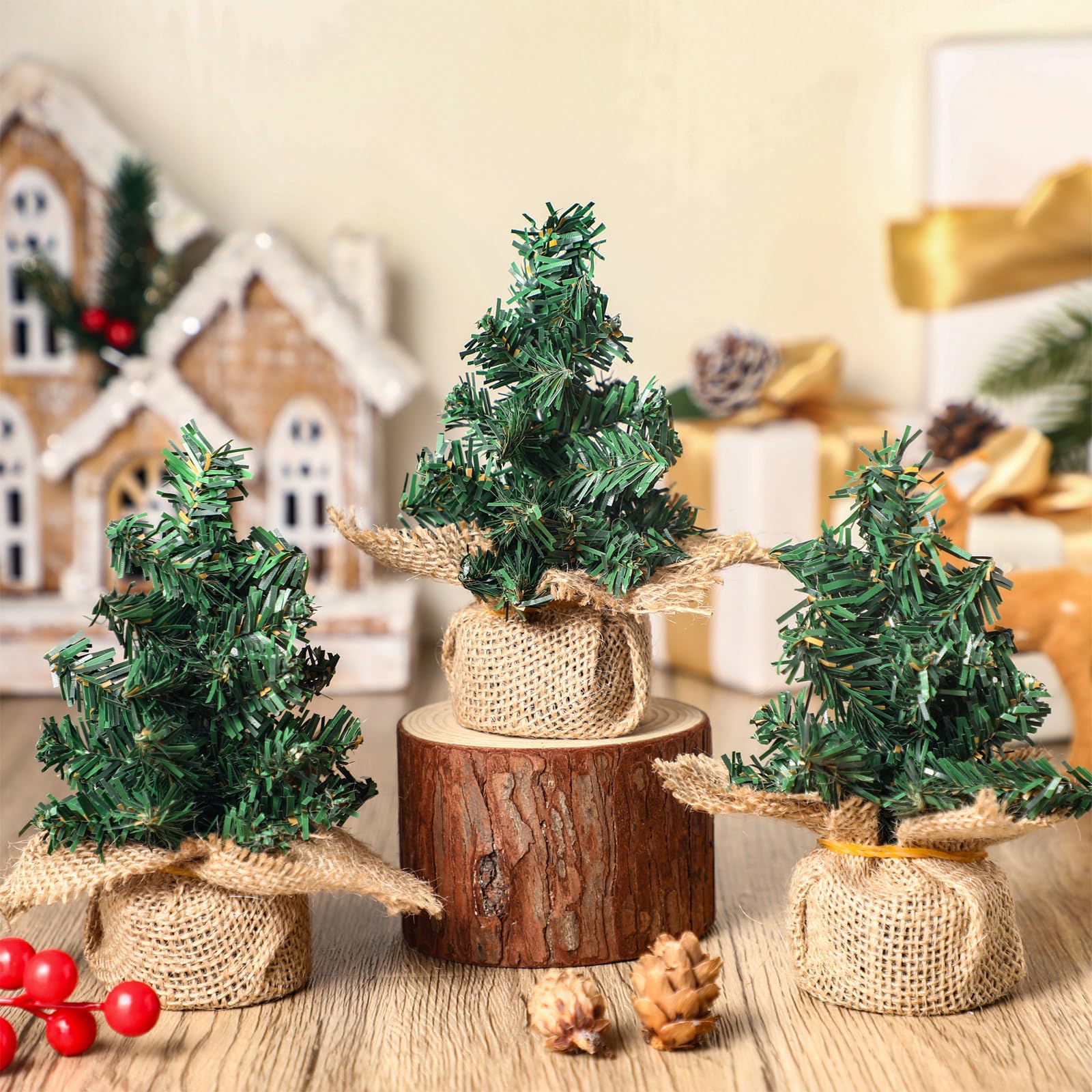 Yinder Tabletop 12 Pcs Mini Christmas Tree 5.91 Inches Artificial Mini Xmas Miniature Pine Christmas Tree with Linen Base for Xm