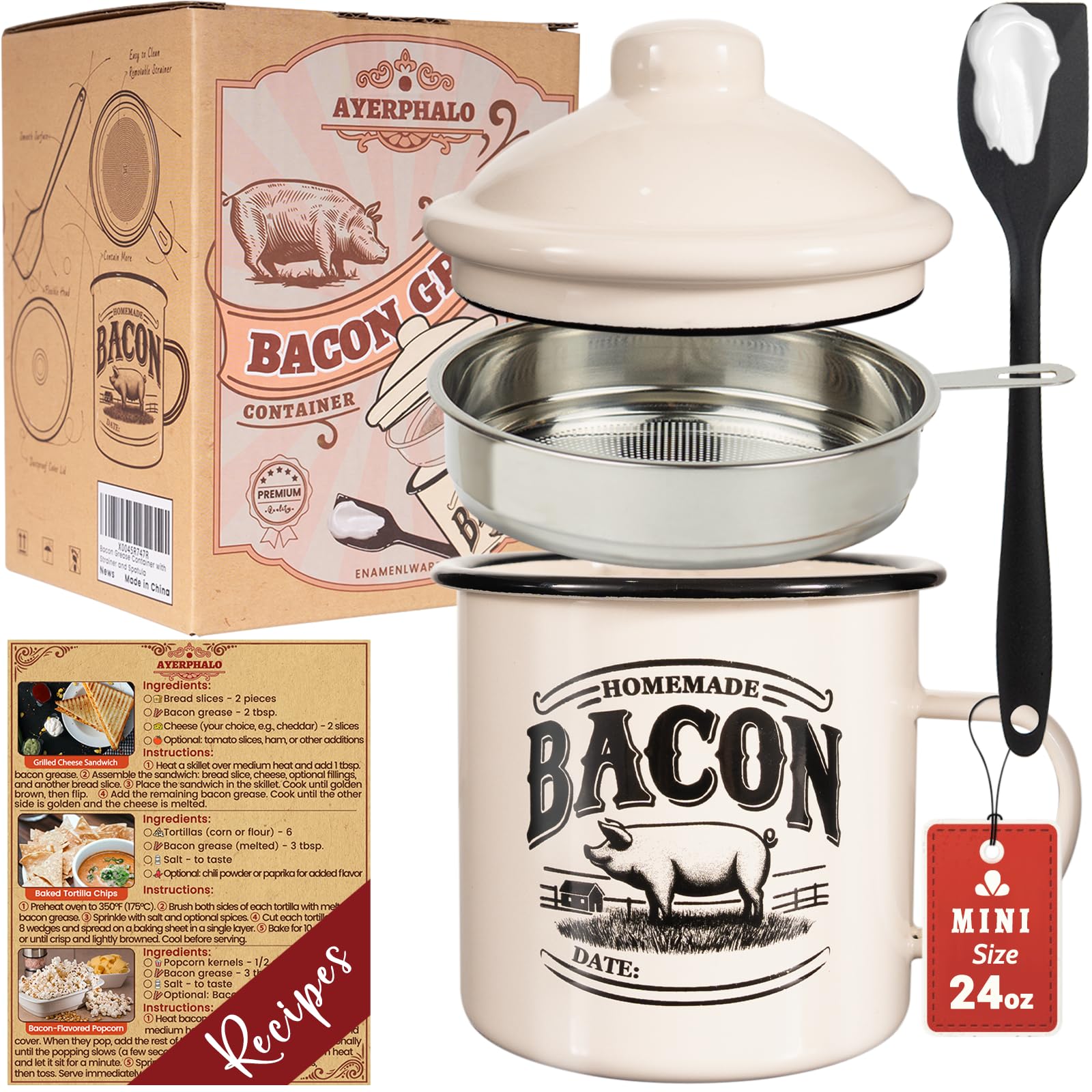 Bacon Grease Container with Strainer - With Food-Grade Silicone Spatula, 24oz Enamel Rustic Farmhouse Fat Container, Keeper, Rec