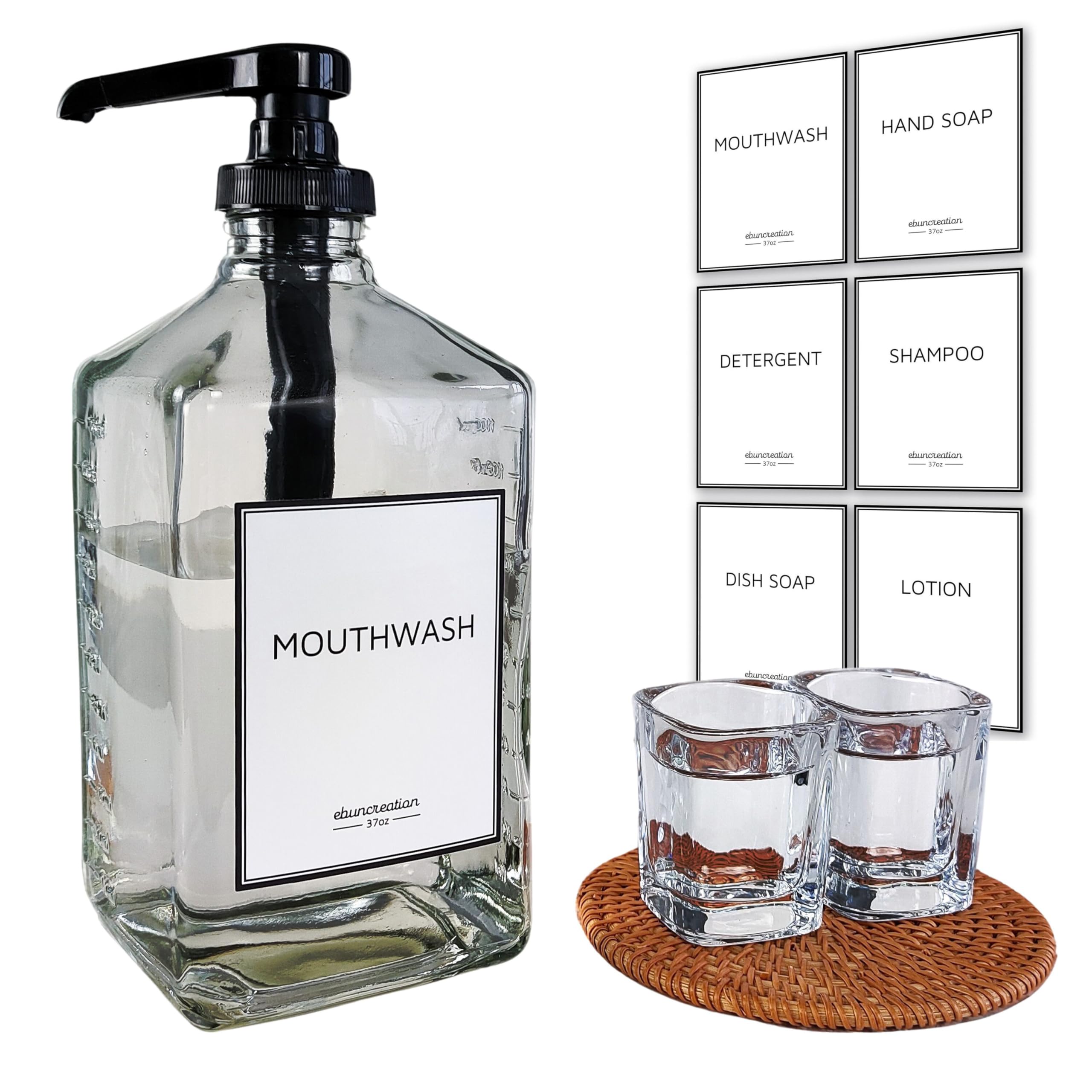 Ebun 37Oz Glass Mouthwash Dispenser For Bathroom, Mouthwash Dispenser Pump, Mouth Wash Container With Reusable Cup, Mouth Wash B