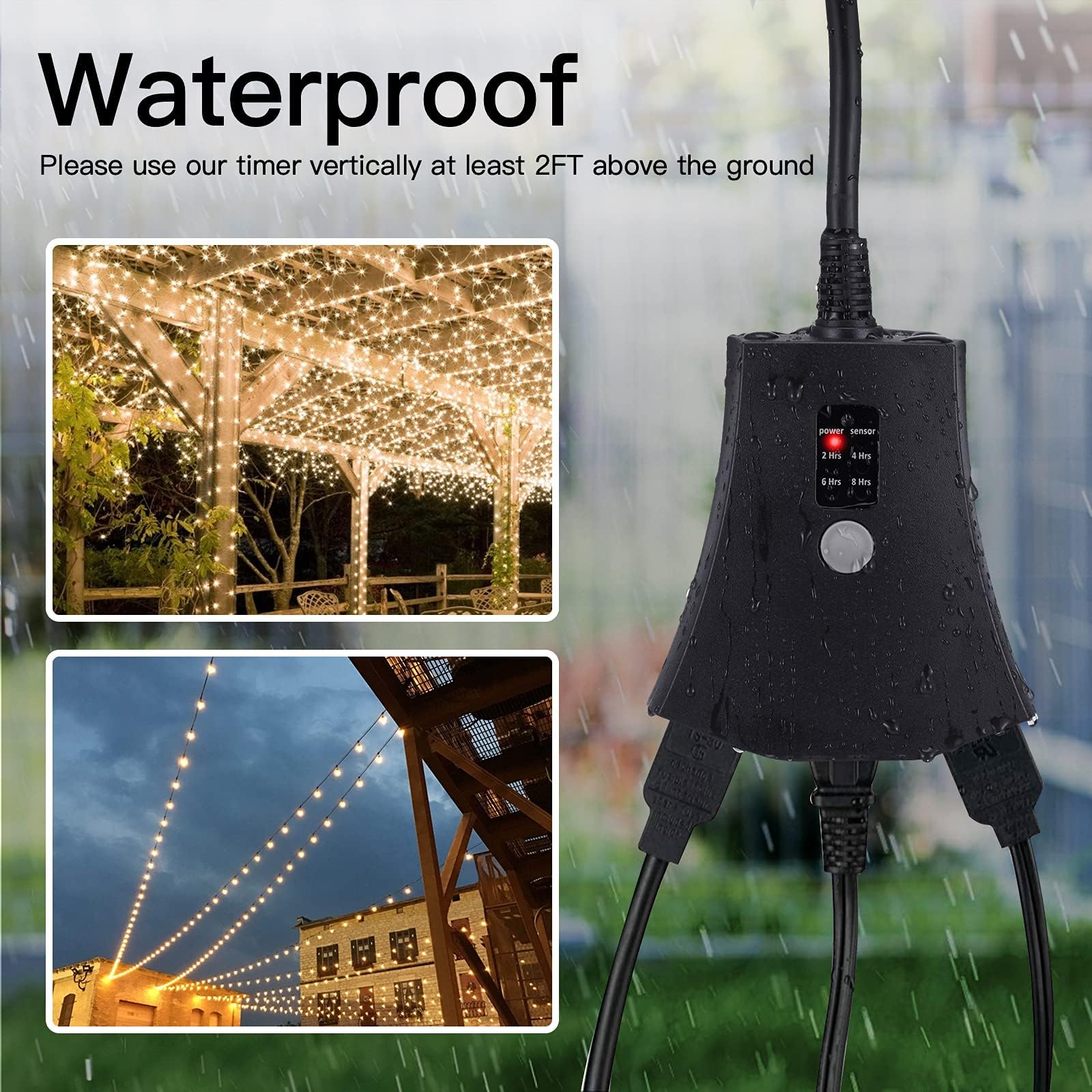 Brightown Outdoor Timer Outlet with Remote, 3 Grounded Outlets, Waterproof, Dusk to Dawn Sensor, 100Ft Range, Black, Model RC-021S
