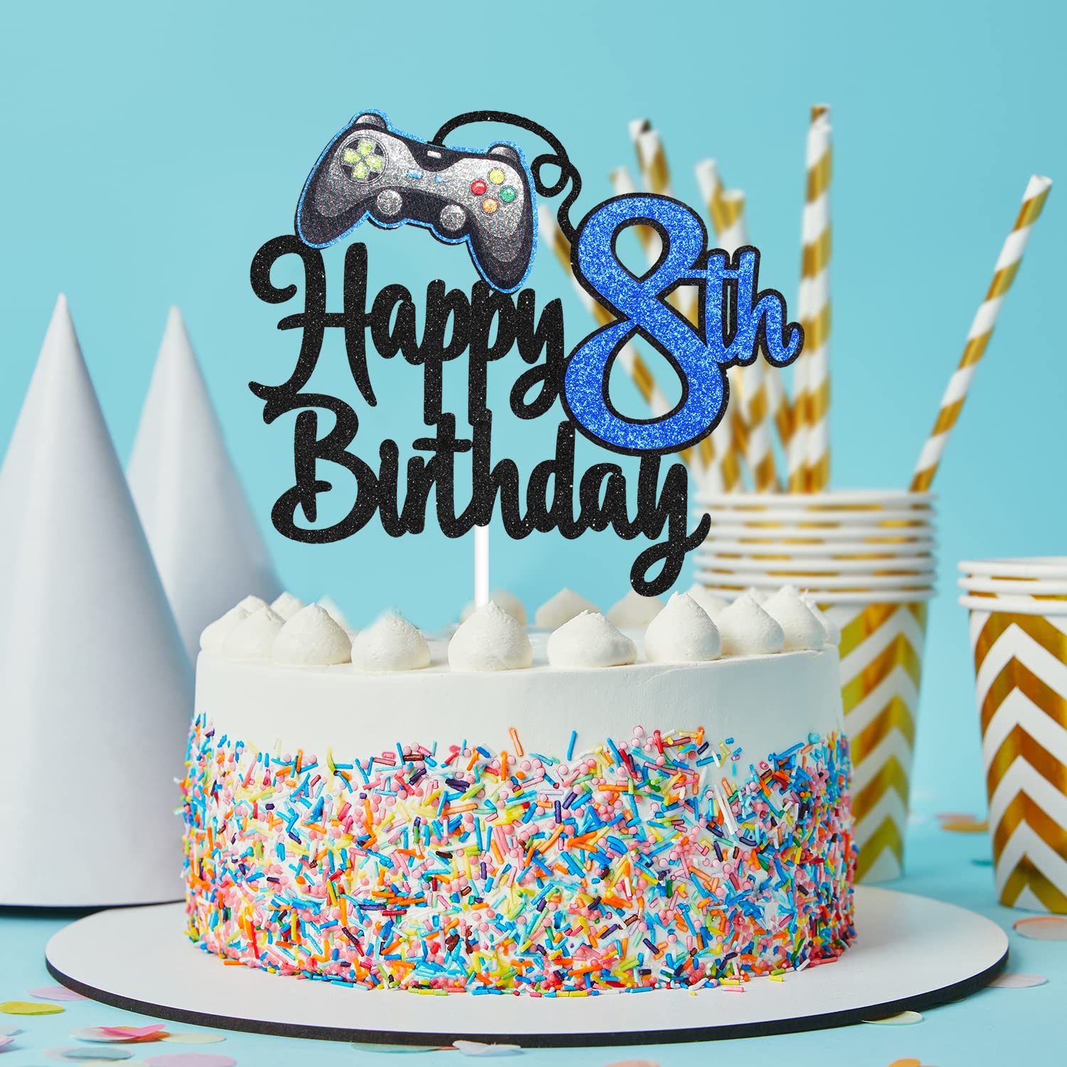 Video Game Happy 8Th Birthday Cake Topper - Video Game Boy'S 8Th Birthday Party Blue Cake Supplies - Game On Level Up Winner Par