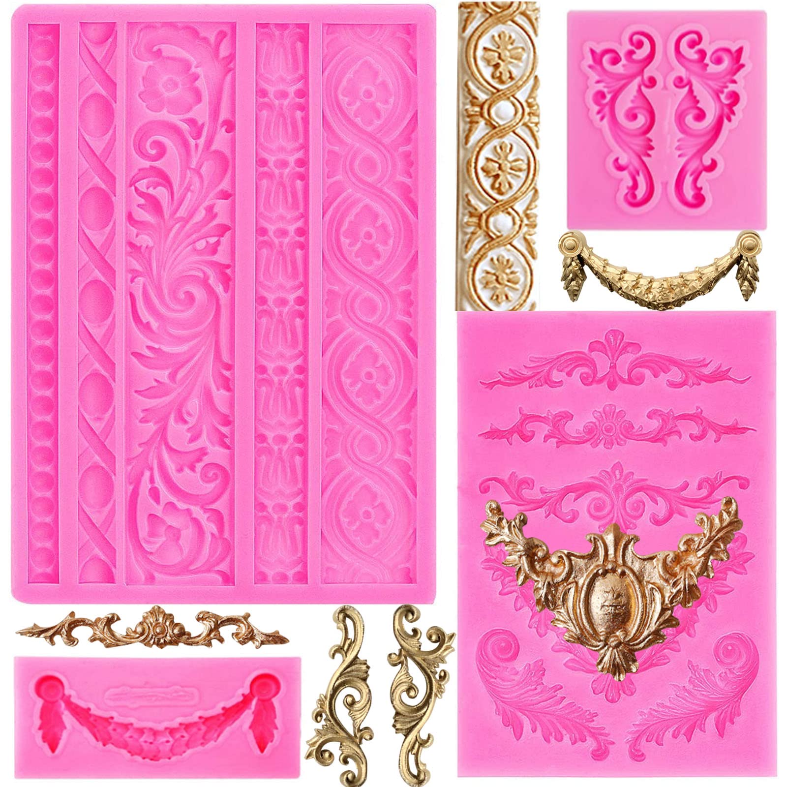 Rainmae 4 Pcs Baroque Fondant Silicone Molds, Relief Flower Lace Chocolate Mould, Scroll Lace Clay Mold, Filigree Mold 3D Sculpt
