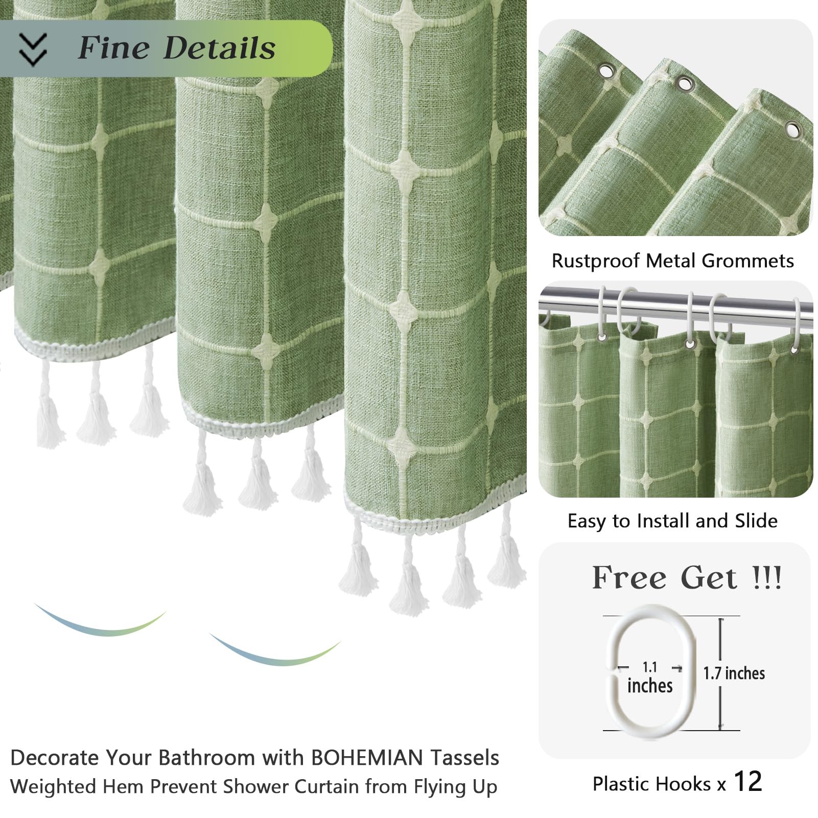 Extra Long Shower Curtain 84 Inches Long, Boho Linen Textured Weighted Fabric Shower Curtain Set With Tassels , Tall Farmhouse V