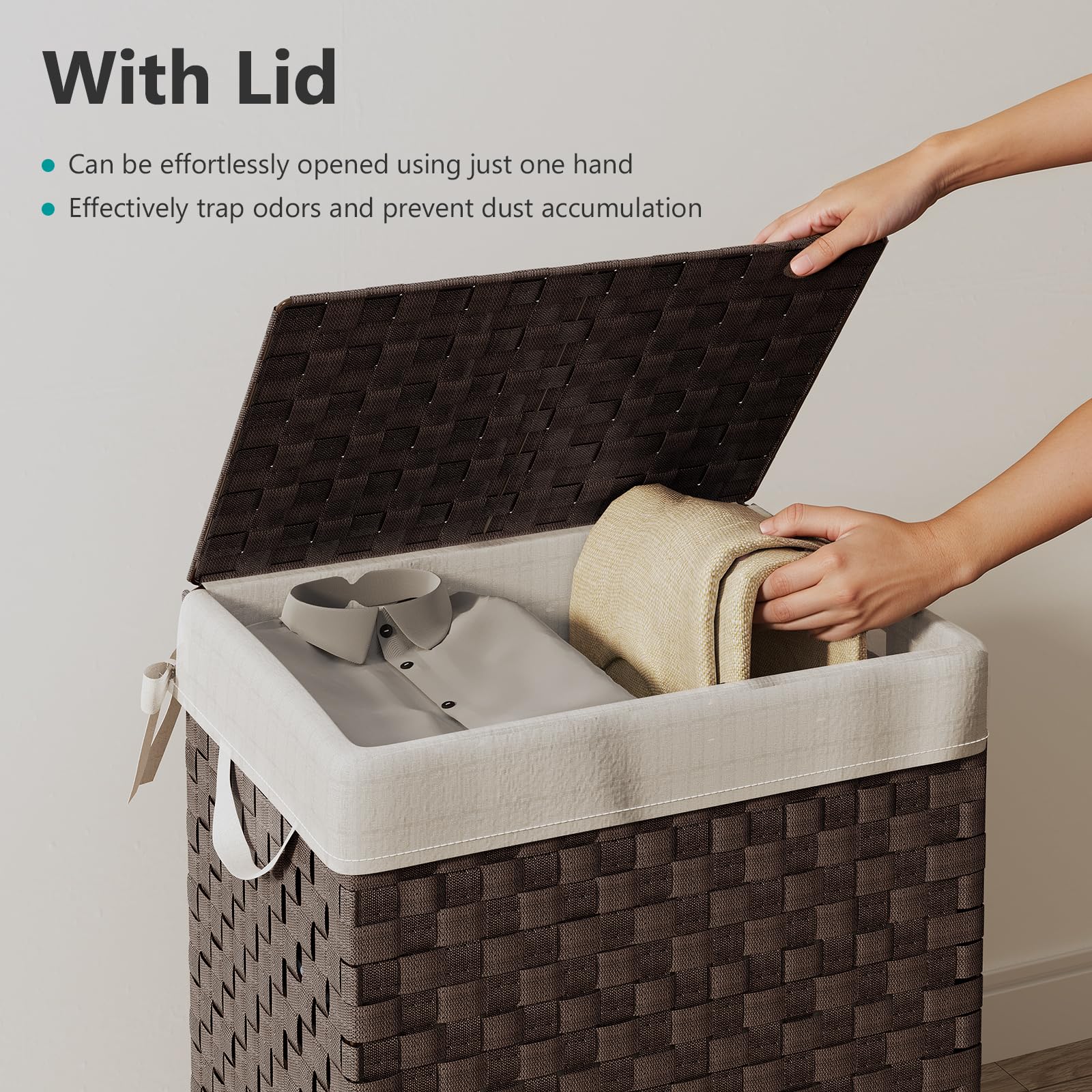 Laundry Hamper Basket with Lid by Fiona's magic  Handwoven Large Clothes Hamper with Removable Liner Bags  Collapsible Tall Hamper for Bedroom  Bathroom and Dorm Organizer  90L  Brown