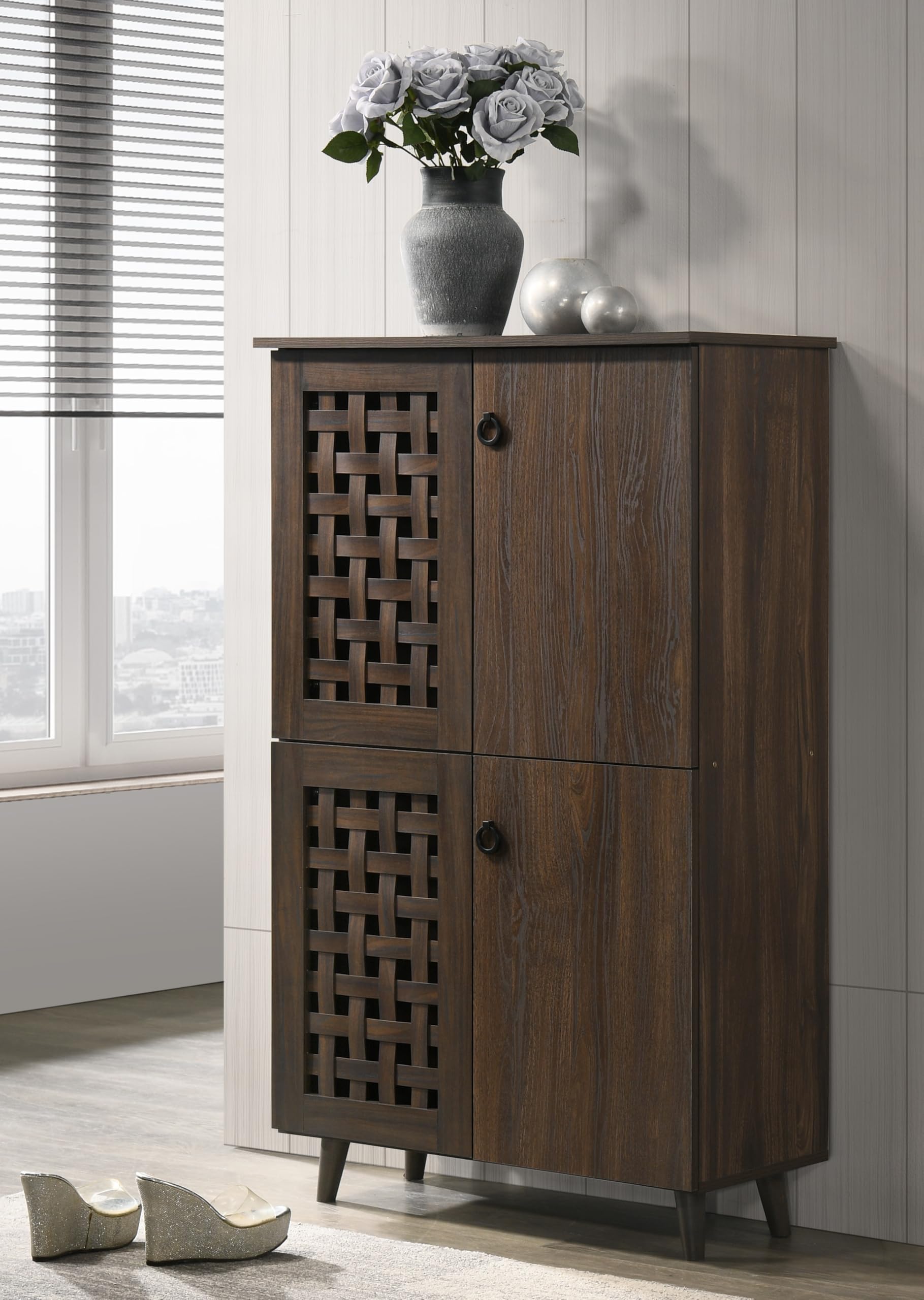 Deckup Ceylon 4Door Engineered Wood Shoe Rack (Walnut, Matte Finish)