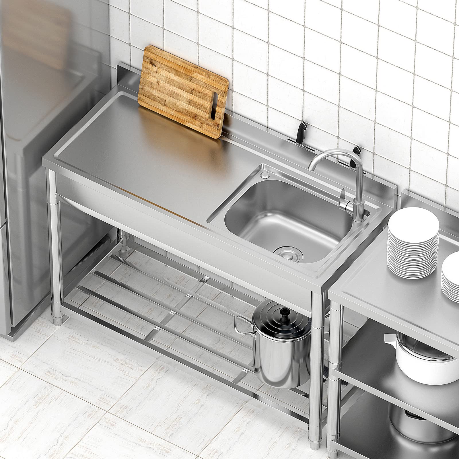 Free Standing Stainless-Steel Single Bowl, Commercial Restaurant Kitchen Sink Set W/Faucet & Drainboard, Prep & Utility Washing