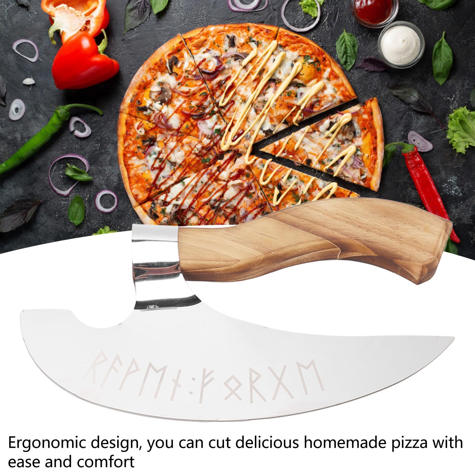 Handmade Viking Pizza Axe, Pine Wood Handle Viking Pizza Cutter Axe, Stainless Steel Medieval Pizza Cutter For Home Restaurant B