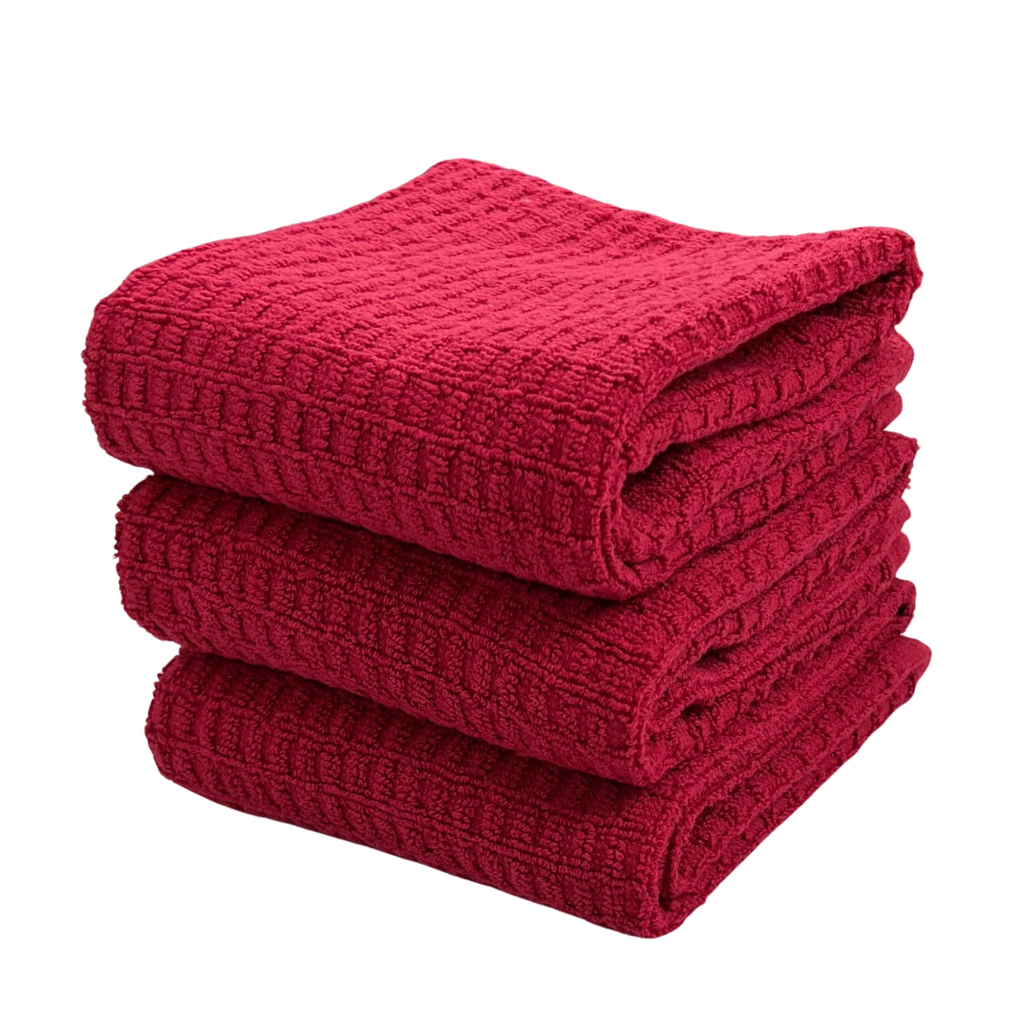 Red Waffle Kitchen Dish Towels 100% Cotton Cloth Soft Cleaning Drying Absorbent Terry Box Loop: Set Of 3 Multipurpose For Everyd