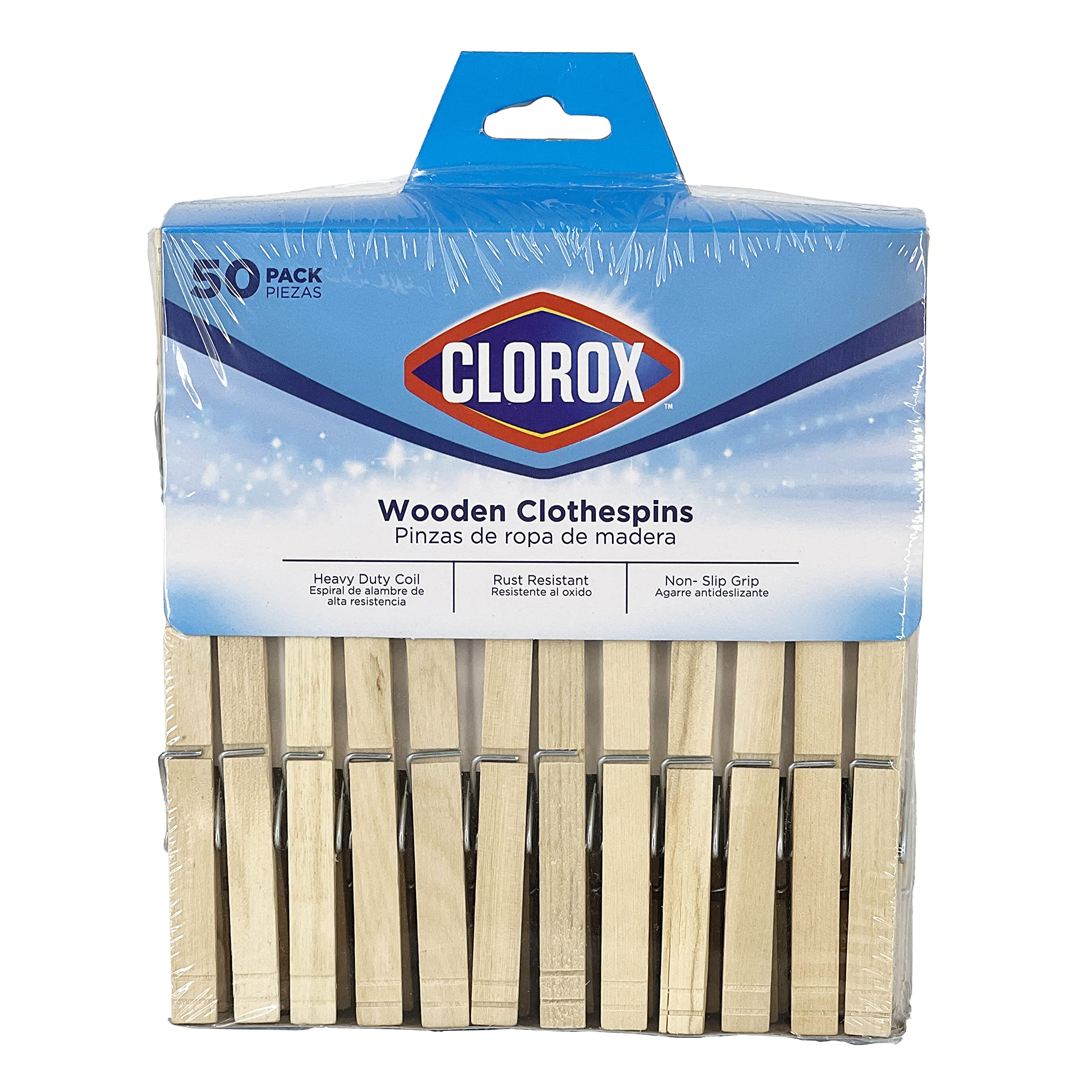 Clorox Wood Clothespins with Spring - Value Pack of 50 Clips  Rust Resistant with Heavy-Duty Coil for Line Drying Laundry  Chip Bags  and Crafts