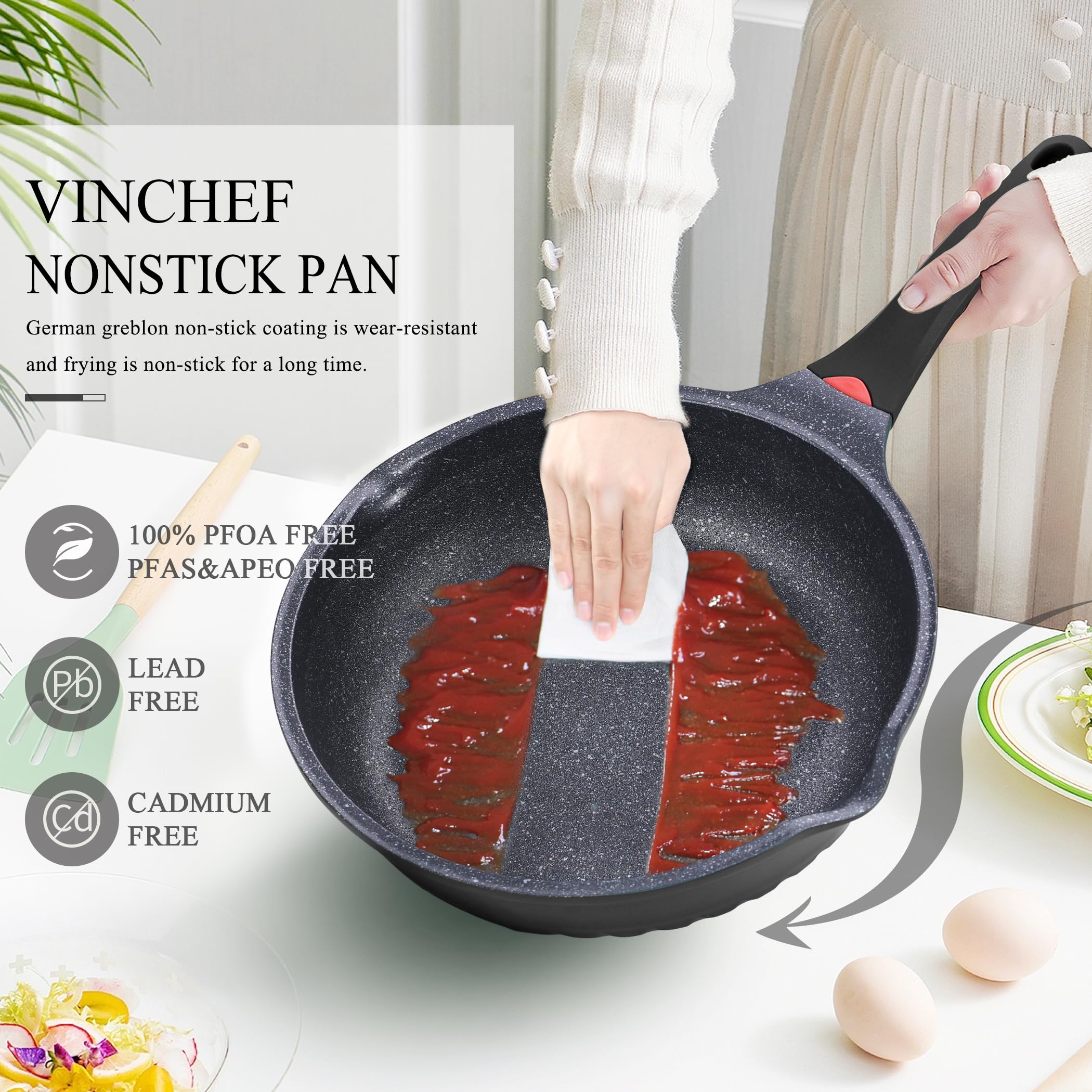Vinchef Nonstick Skillet With Lid, 11In/5Qt Aluminum Deep Frying/Saute Pan With Lid And Heat Indicator, Anti Scratch And Anti St