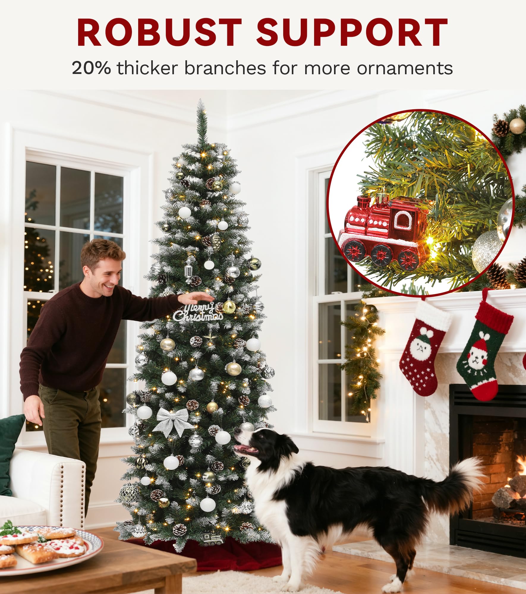 DWVO 6ft Pre-lit Artificial Christmas Tree, Slim Partial Snowy Pencil Kingswood Fir Christmas Trees with 50 Pine Cones, 618 Bran