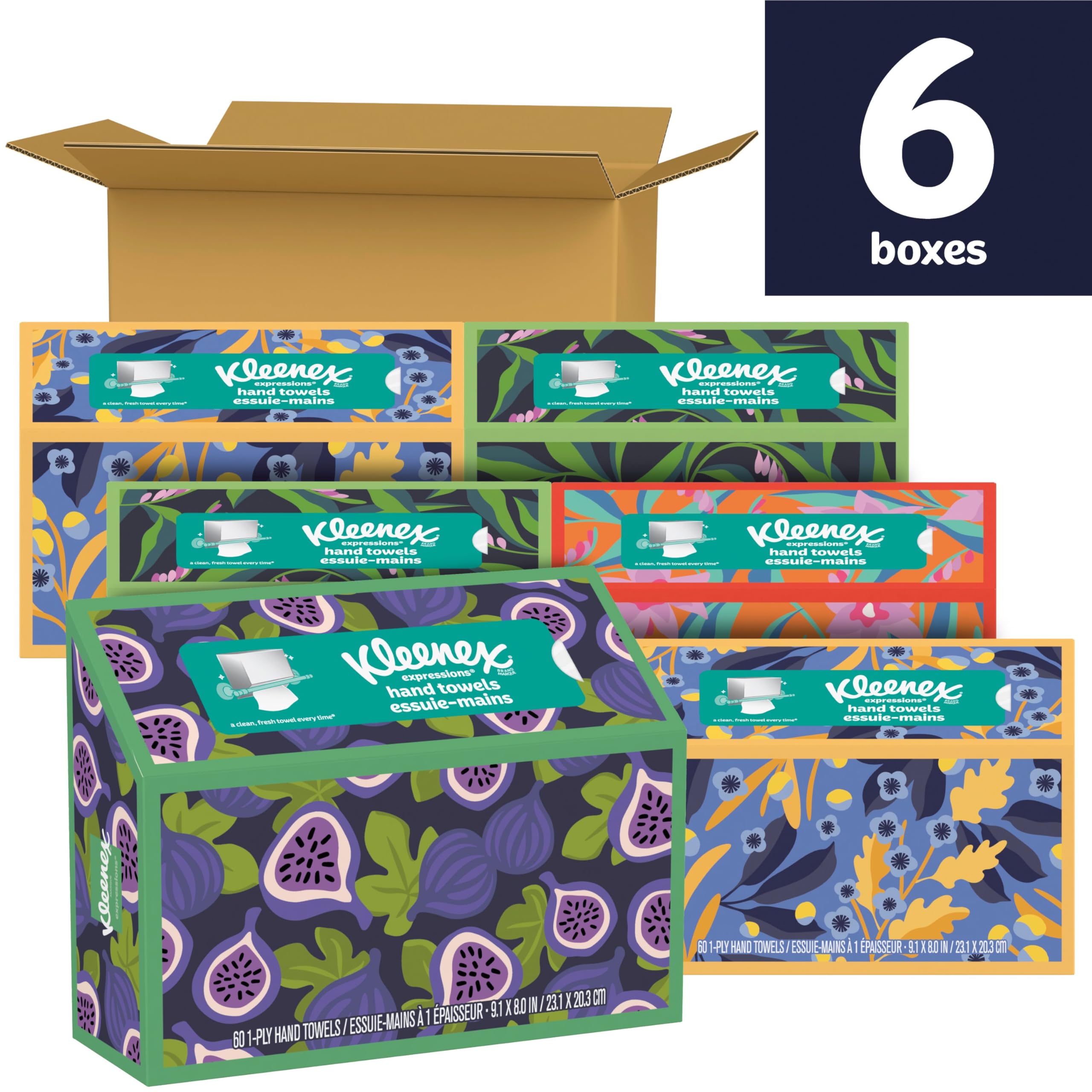 Kleenex Expressions Disposable Paper Hand Towels, 6 Boxes, 60 Towels Per Box (360 Total Hand Towels), Packaging May Vary