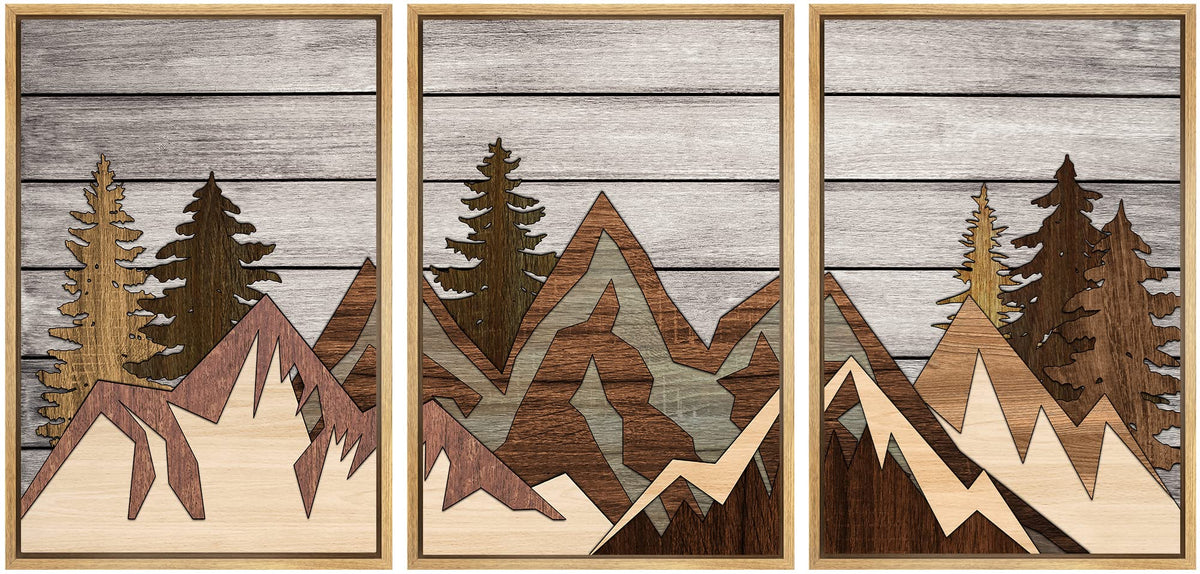 Signwin Framed Canvas Print Wall Art Set Wood Panel Mountain Range Forest Nature Wilderness Illustrations Modern Art Decorative