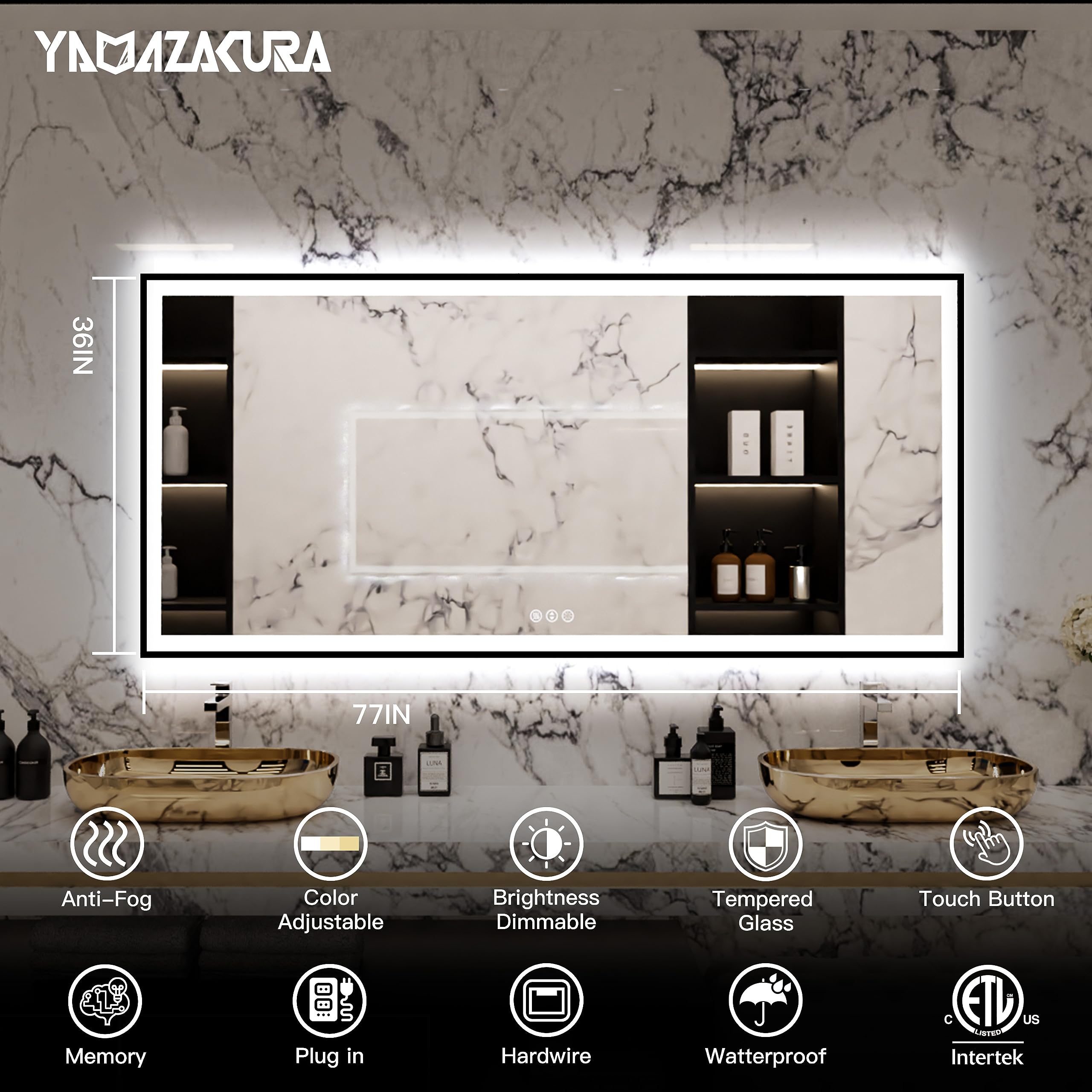 Yamazakura Large Light Bathroom Mirror 77X36 Backlit And Front Lighted Led Wall-Mounted Vanity Mirror Modern Rectangle Black Mir