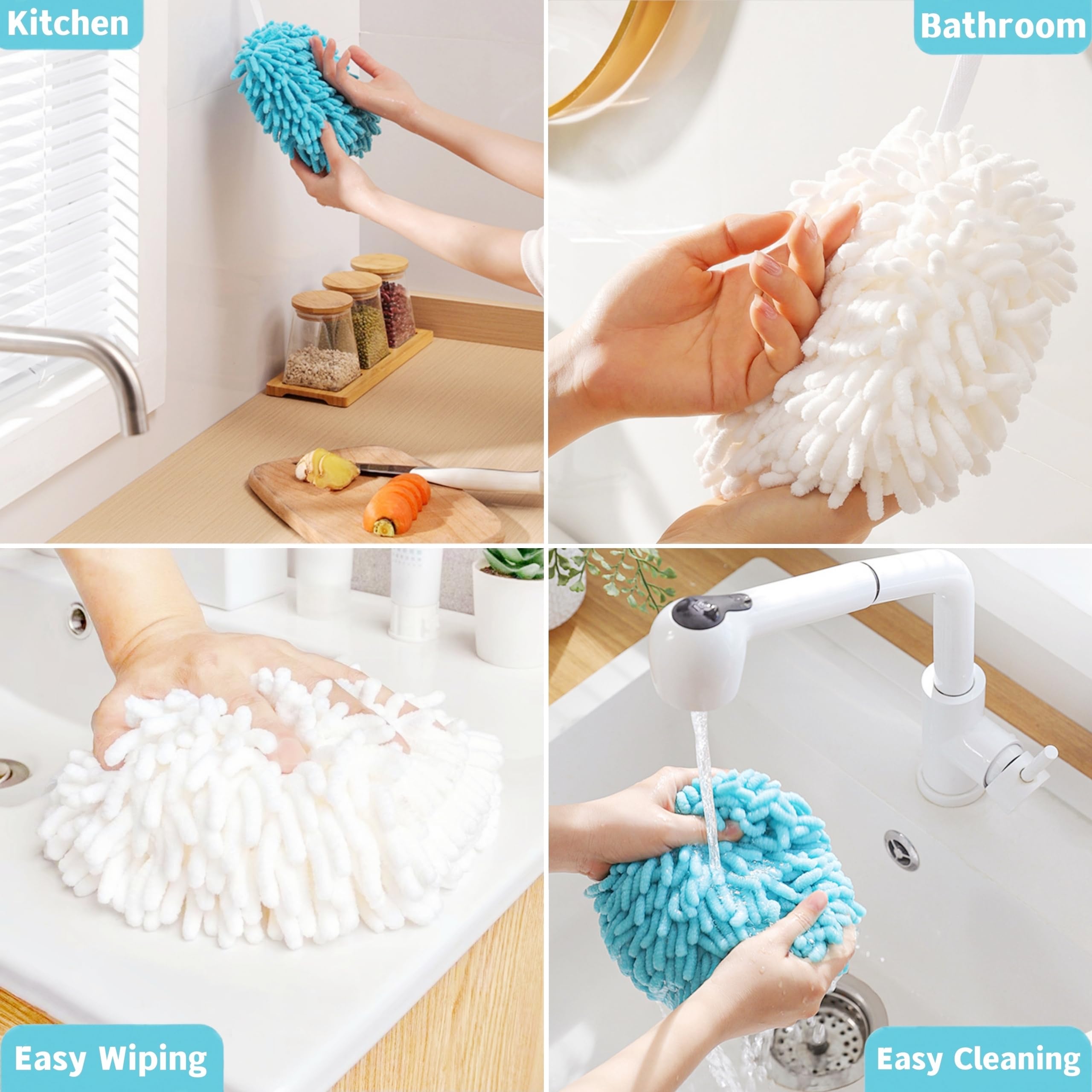 Frbryak 2 Pcs Fuzzy Ball Hand Towels, Microfiber Chenille Hand Towel Balls For Bathroom With Hanging Loop, Soft Fast Drying Deco