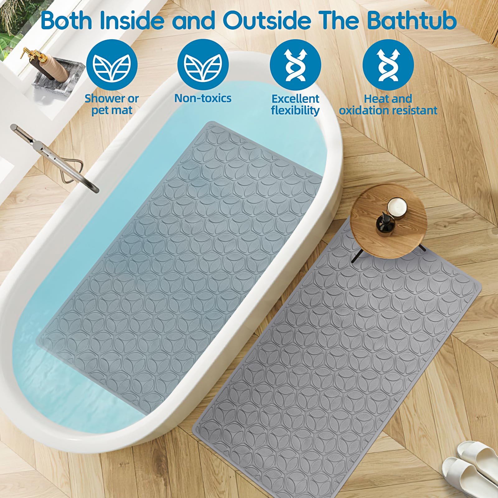 Wrisin Bathtub Mat Non Slip With Suction Cups - 100% Rubber Bathroom Mat Textured For Bath Tub Shower Safety - Soft On Touch - B