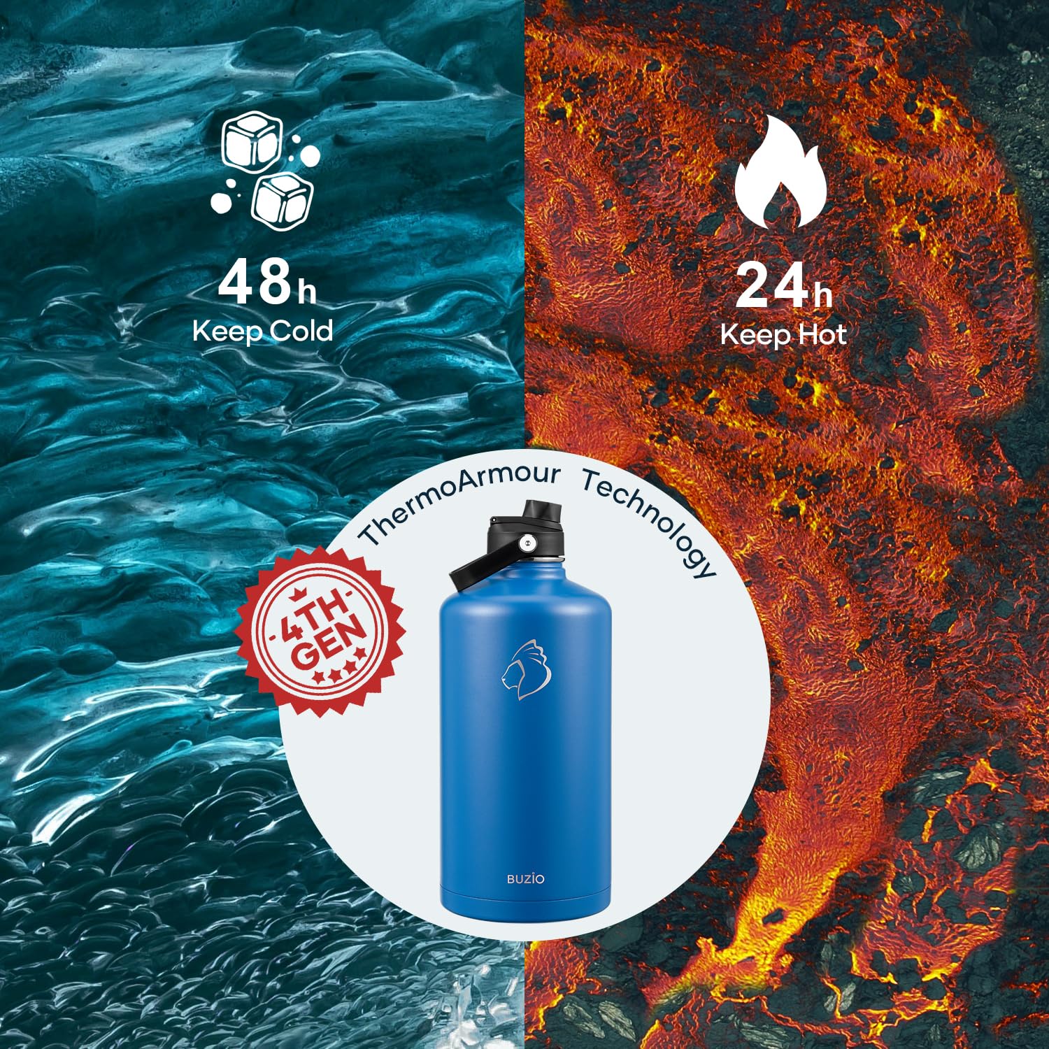 BUZIO 1 Gallon Water Bottle Insulated, 128 oz Large Water Jug Vacuum Stainless Steel Big Metal Flask (Cold for 48 Hrs), Leak Pro