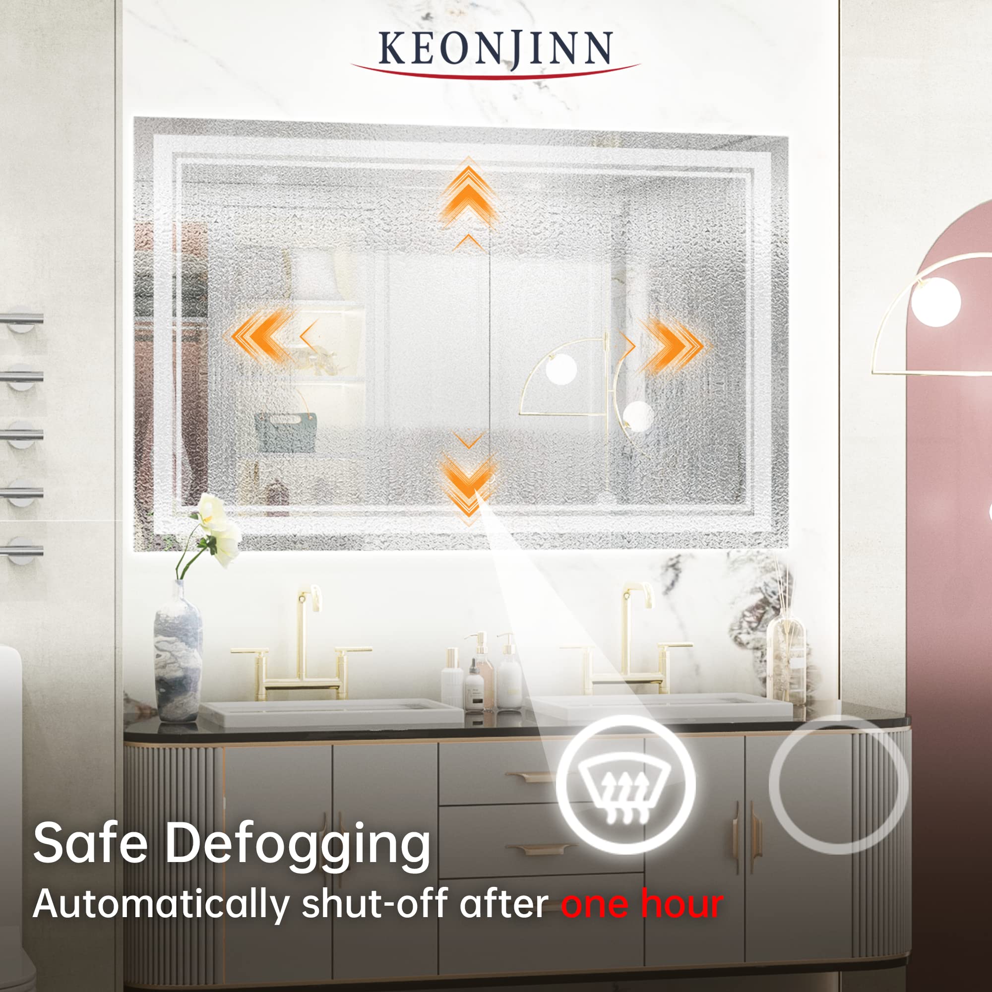 Keonjinn 48 x 30 Inch LED Mirror Lighted Bathroom Mirror with Lights  LED Vanity Mirror  Wall Mounted Anti-Fog Dimmable Front Light Makeup Mirror  IP54  CRI=90  6000K(Horizontal or Vertical)