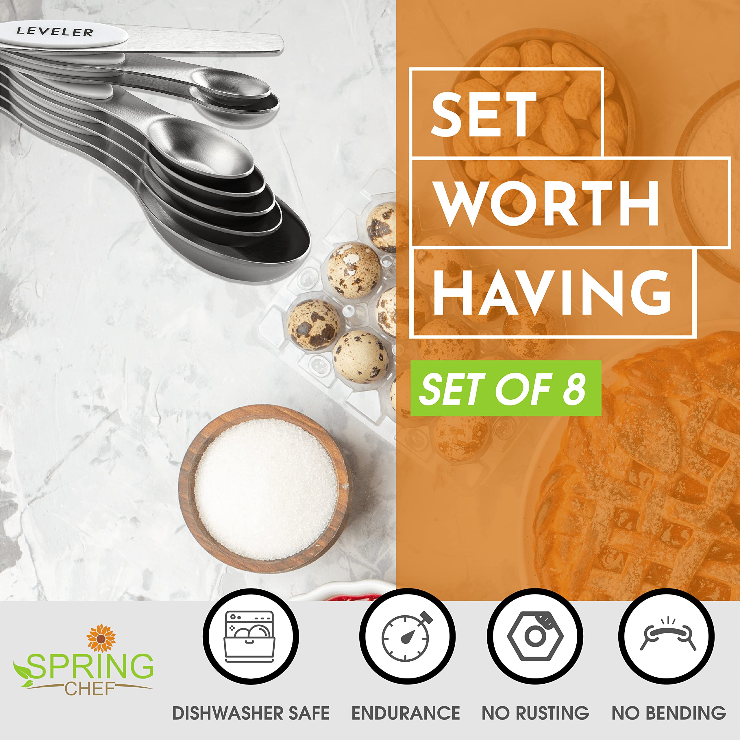 Spring Chef White Stainless Steel Magnetic Measuring Spoons Set Of 8 With Leveler, Dual Sided Metal Teaspoon & Tablespoon Measur