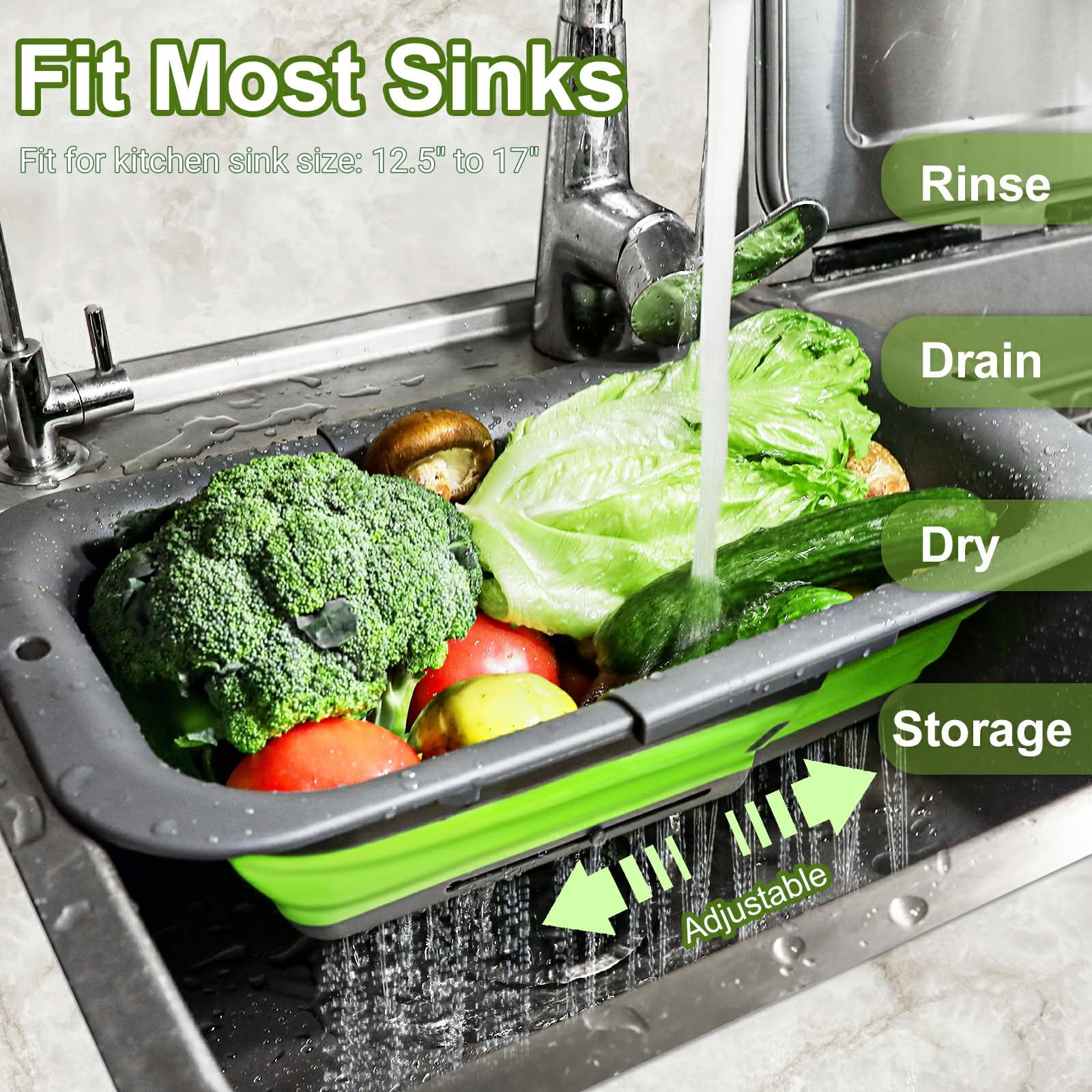 Rottogoon 7Qt Collapsible Colander Strainer, Expandable Over The Sink Colander, Adjustable Silicone Kitchen Sink Strainer, Folda