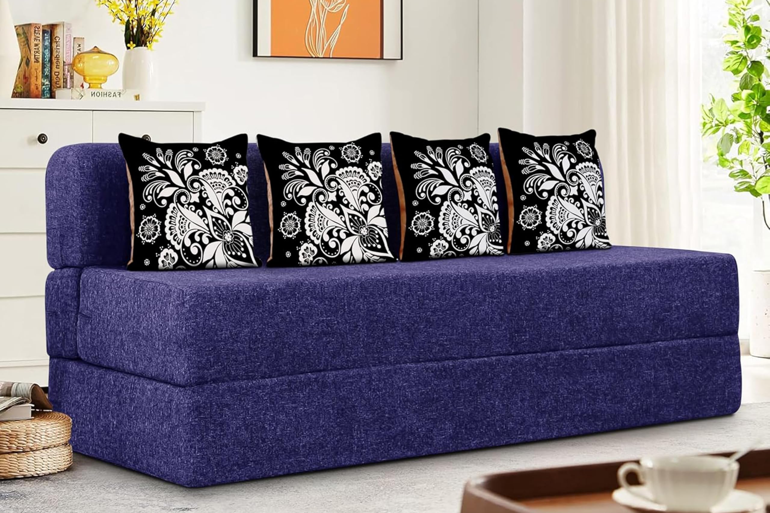 Rosebell 3 Seater Sofa Cum Bed | Jute Fabric Washable Cover | With Cushions Perfect For Guest | Purple | 6 X 6 Feet