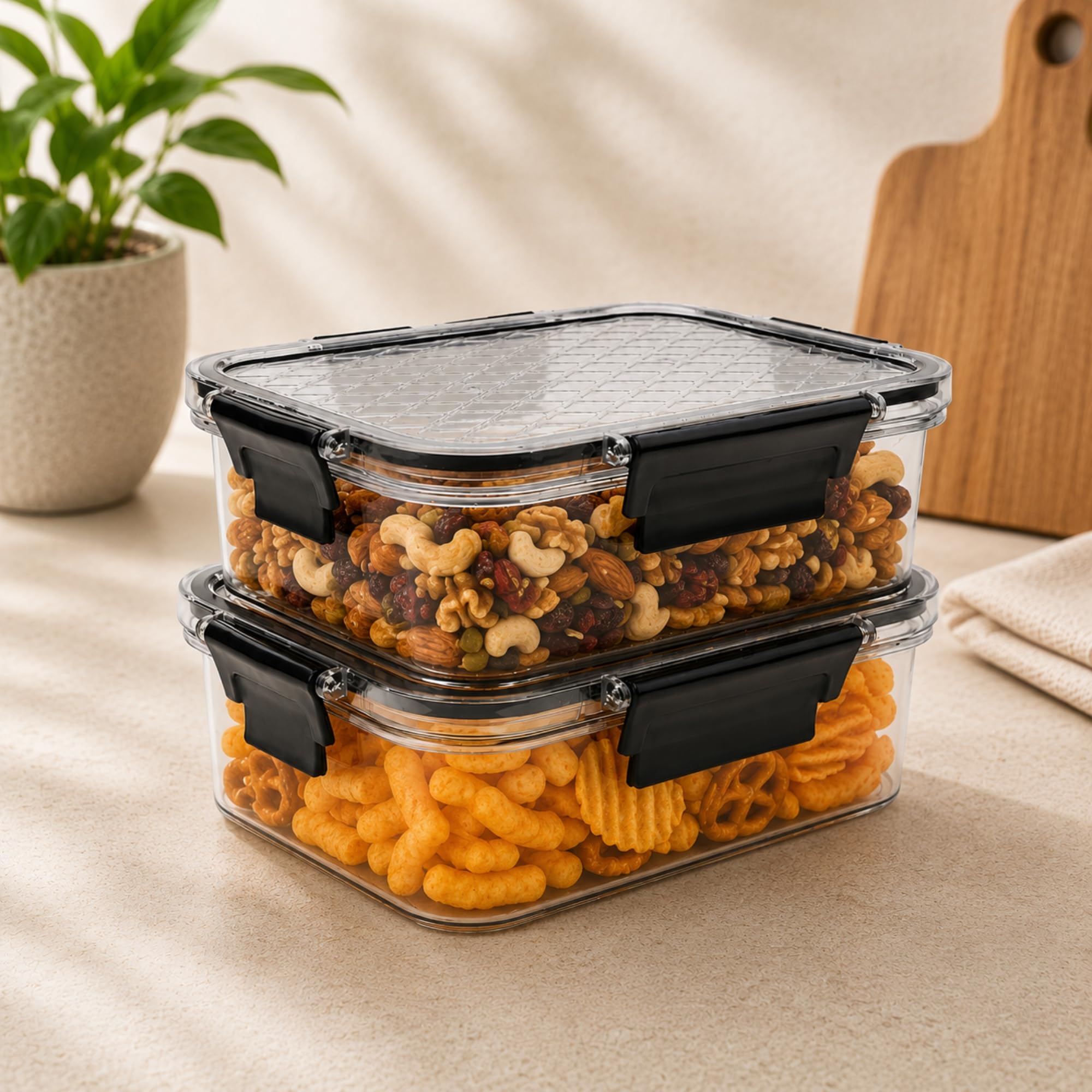 Lock & Lock Airtight Food Storage Container Set | 750Ml Each Square Plastic Storage Container With Airtight Lid | Container For 