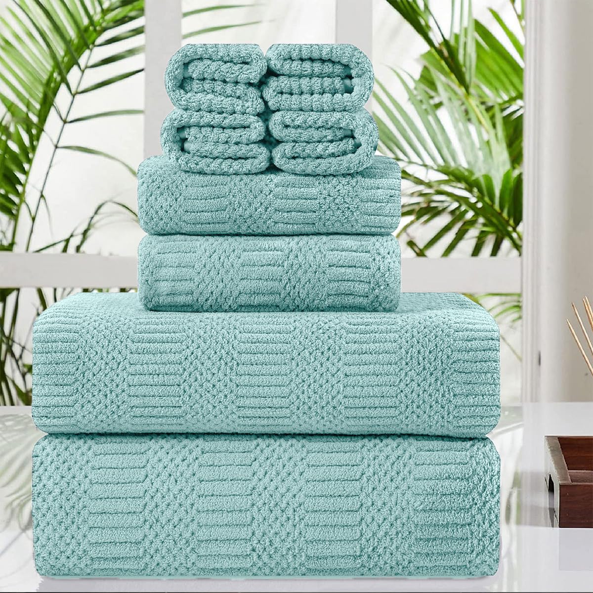 8 Piece Oversized Turquoise Bath Towel Set-2 Extra Large Bath Towel Sheets 2 Hand Towels 4 Washcloths-600GSM Soft Highly Absorbent Quick Dry Beach Chair Towels Woven Towels for Bathroom Hotel and Spa
