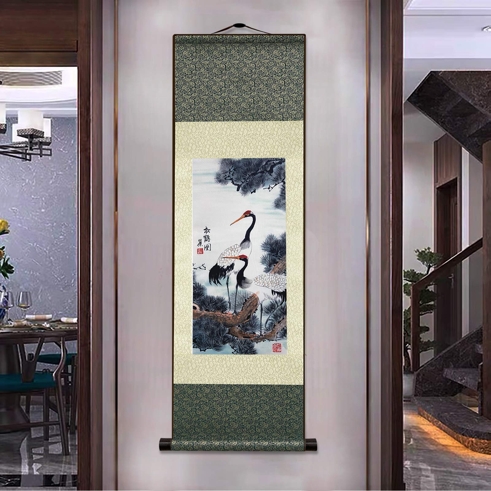 AtfArt Asian Wall Silk Scrolls Decor Beautiful Painting White Crane - Red Crowned Crane - Grus Japonensis Oriental Decor Chinese Art Wall Scroll Wall Hanging Painting Scroll (39 x 12 in)
