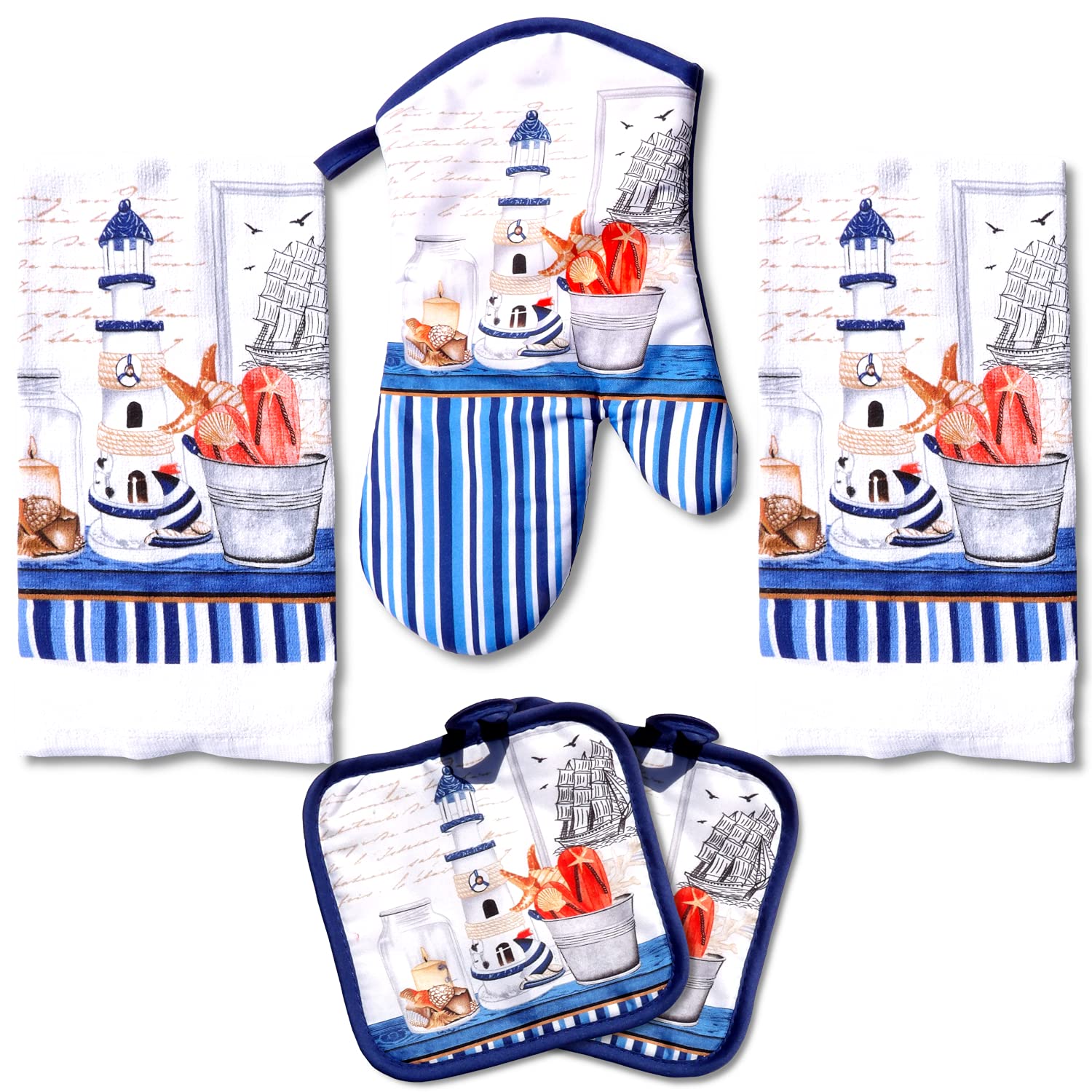Kitchen Decor Linen Set Includes 2 Dish Towels, 2 Square Pot Holders, 1 Oven Mitt  Tall Lighthouse Printed Kitchen Towels Linen