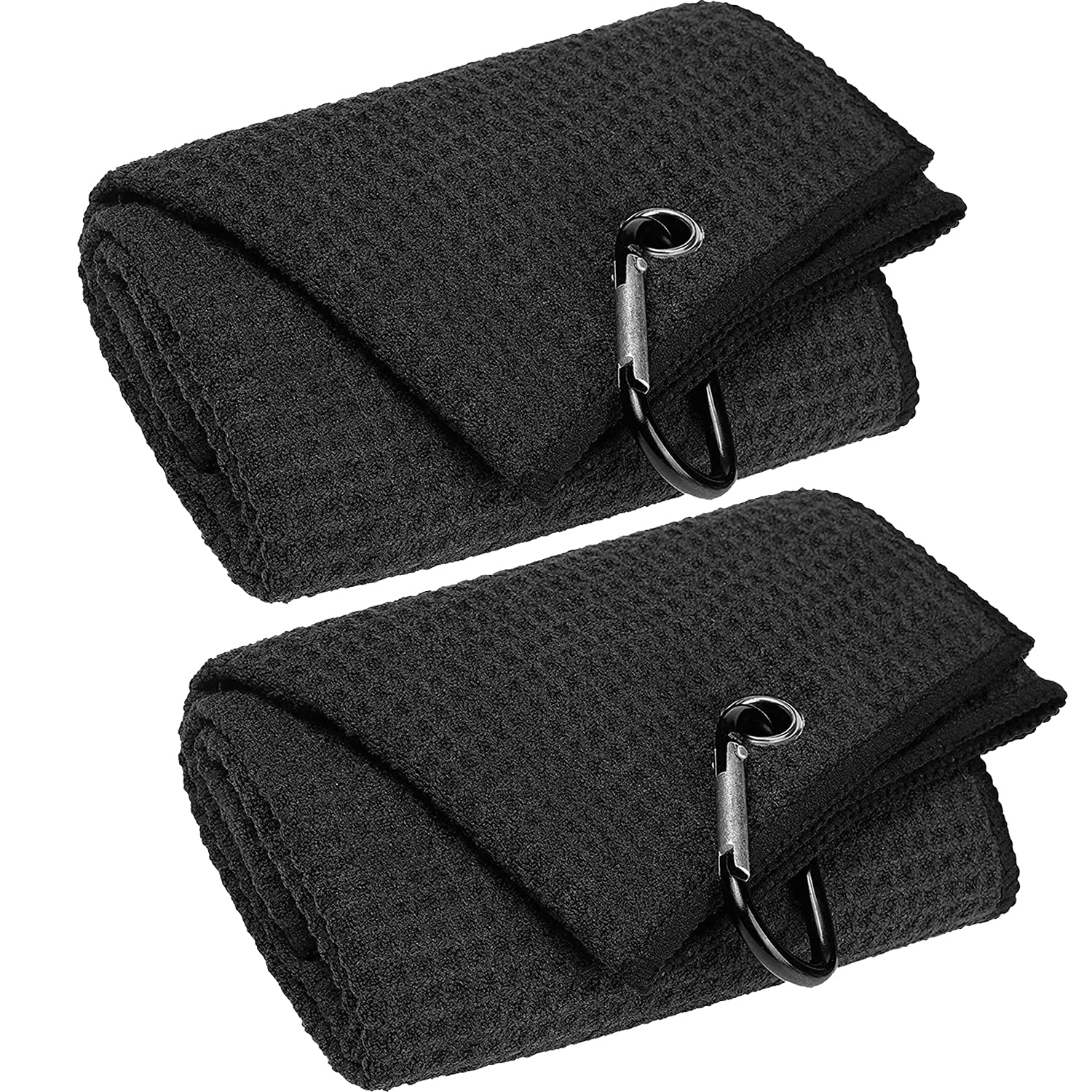 Vividly 2 Pack 16'' X 24'' Tri-Fold Golf Towels, Premium Microfiber Fabric Waffle Pattern With Black Heavy Duty Carabiner Clip,