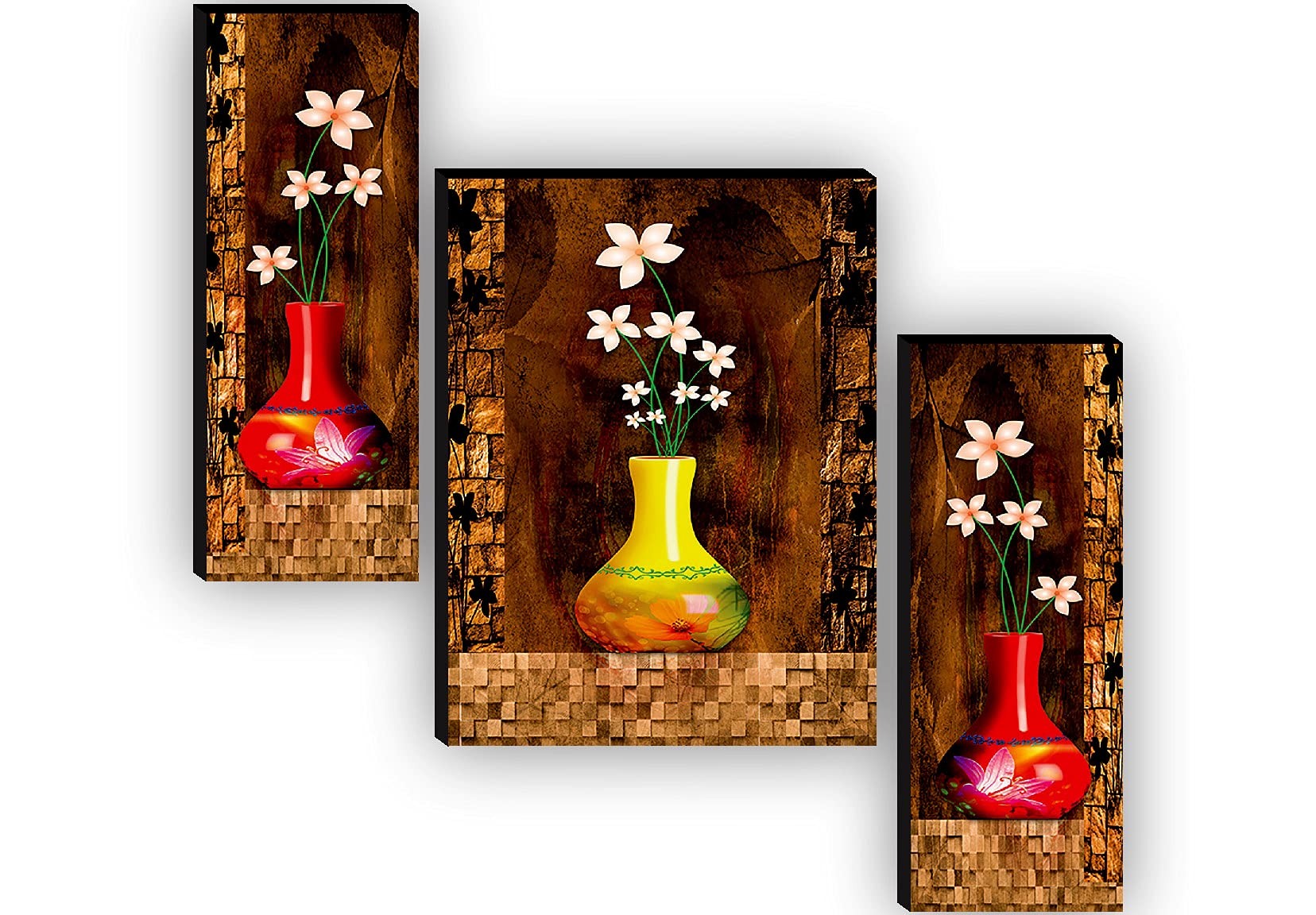 Saf Set Of 3 Preety Flower Pot Uv Textured Self Adeshive Home Decorative Gift Item Painting 18 Inch X 12 Inch Saf-Jm4951(Color2,