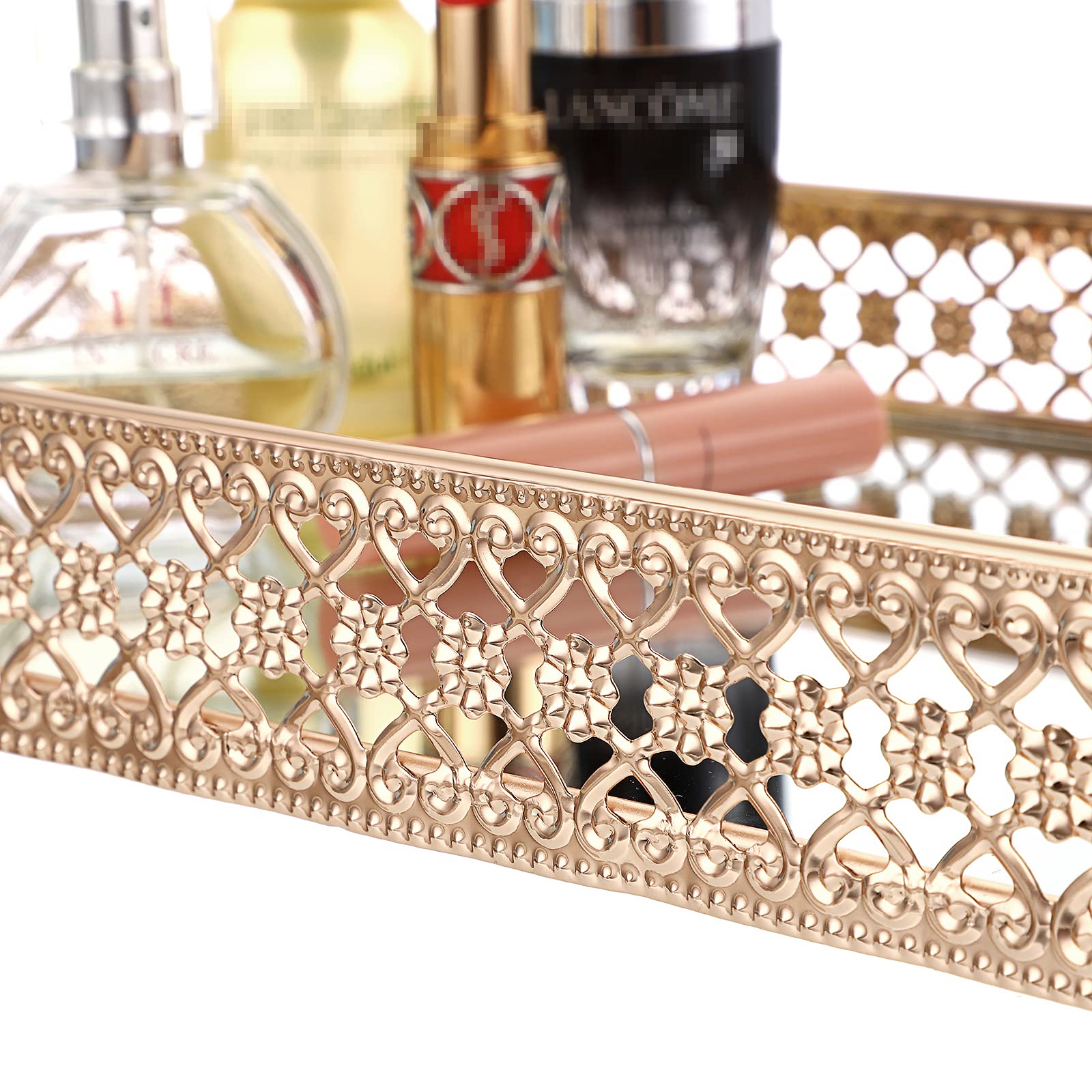 Elldoo Gold Perfume Tray Mirror Tray Makeup Vanity Tray Hollow-Carved Jewelry Tray Glass Metal Trinket Storage Tray Home Organiz
