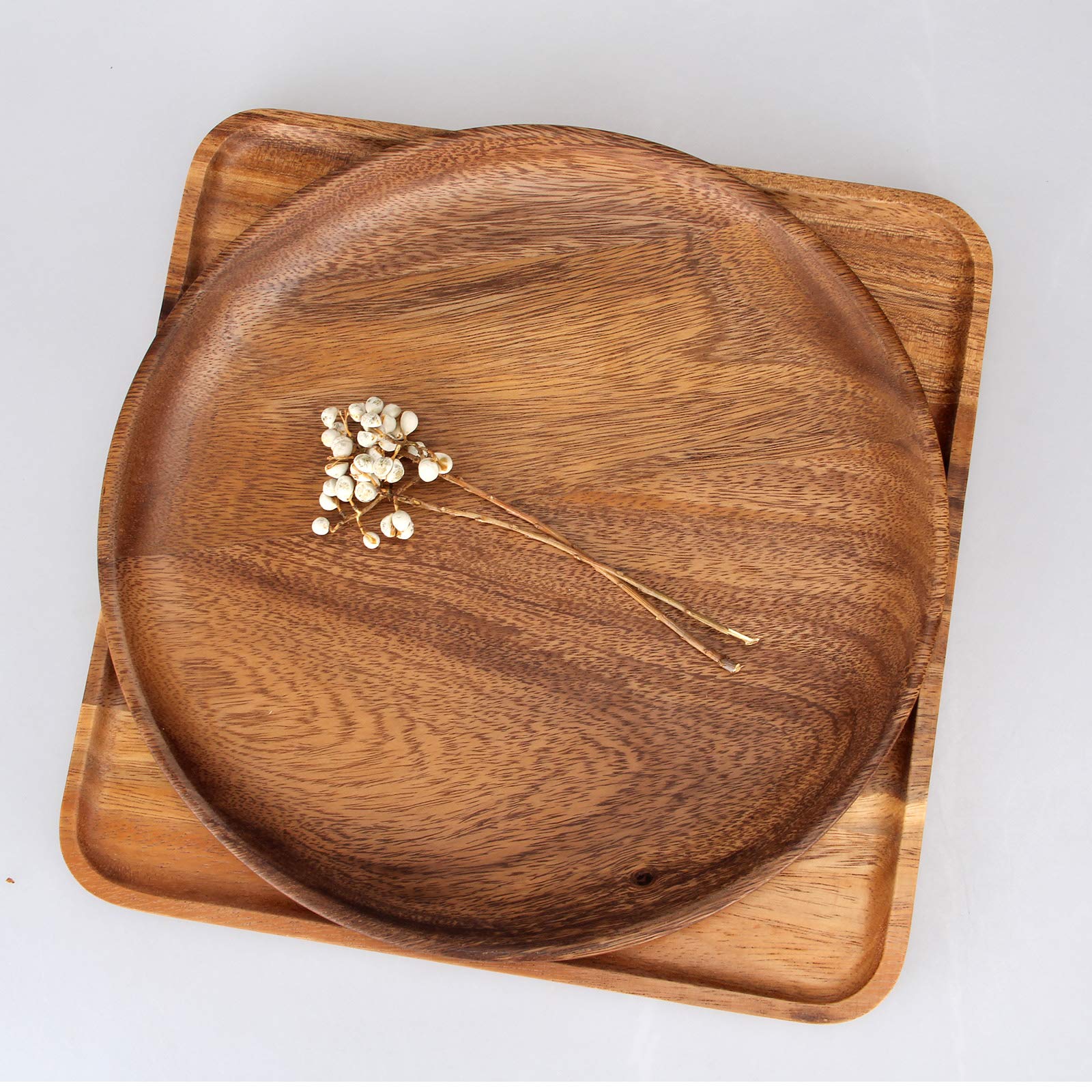 2 Pcs 10 Inch Acacia Wood Dinner Plates For Eating Wooden Round Charcuterie Boards Serving Platters For Food Dishes Cheese Tray