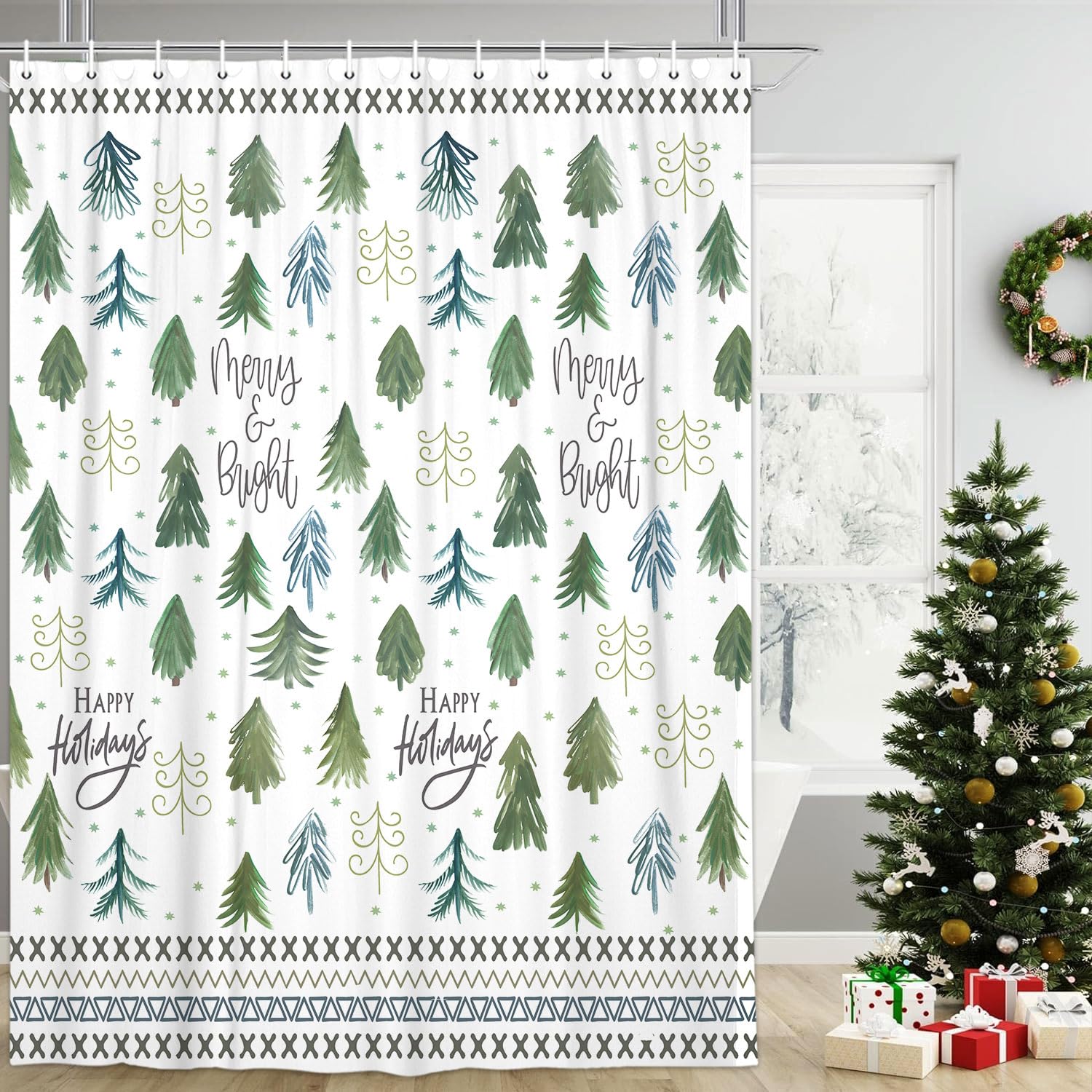 Wathon Winter Shower Curtain Green Christmas Tree Winter Snow Forest Bathroom Decor Teal Green Pine Tree Bath Curtain Winter Nat
