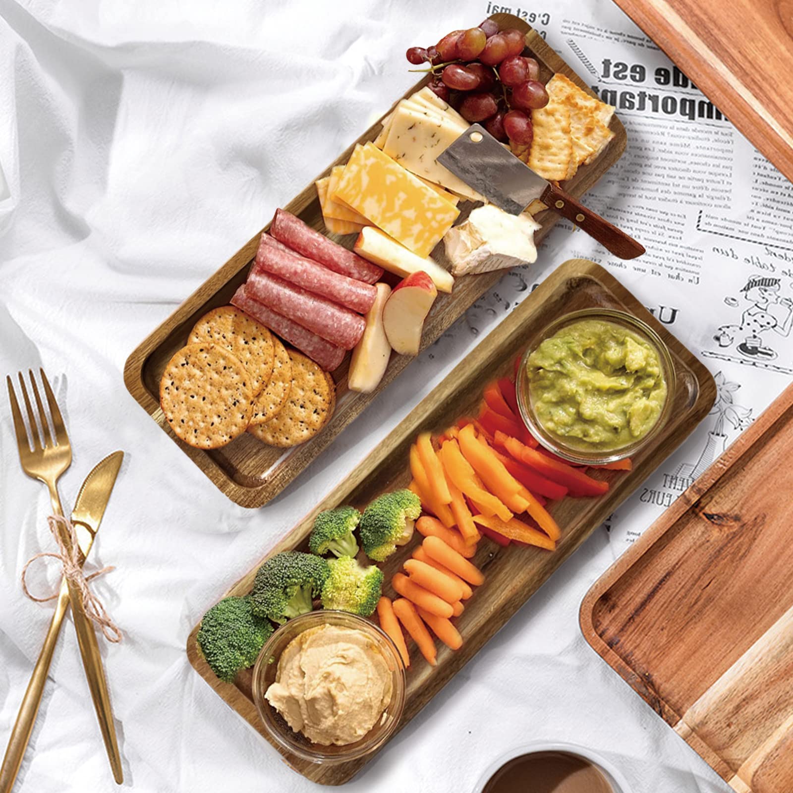 2 Pack Small Wooden Platters Rectangle Serving Trays Acacia Serving Platter Home Decor Serving Cheese Board For Bar Coffee Party