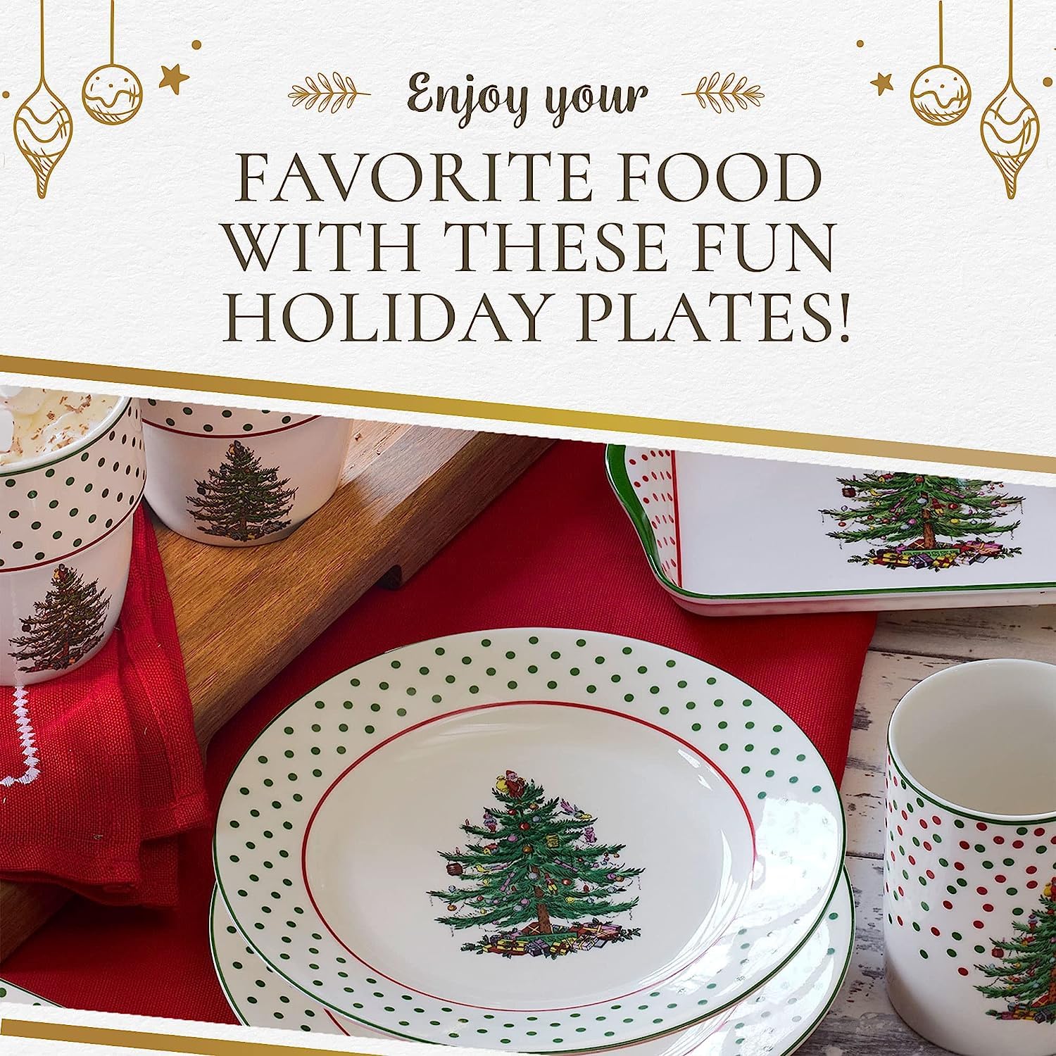 Spode Christmas Tree Polka Dot Dessert Plate (Set of 4) - Festive 8-Inch Stoneware Plates for Holiday Entertaining, Appetizers,