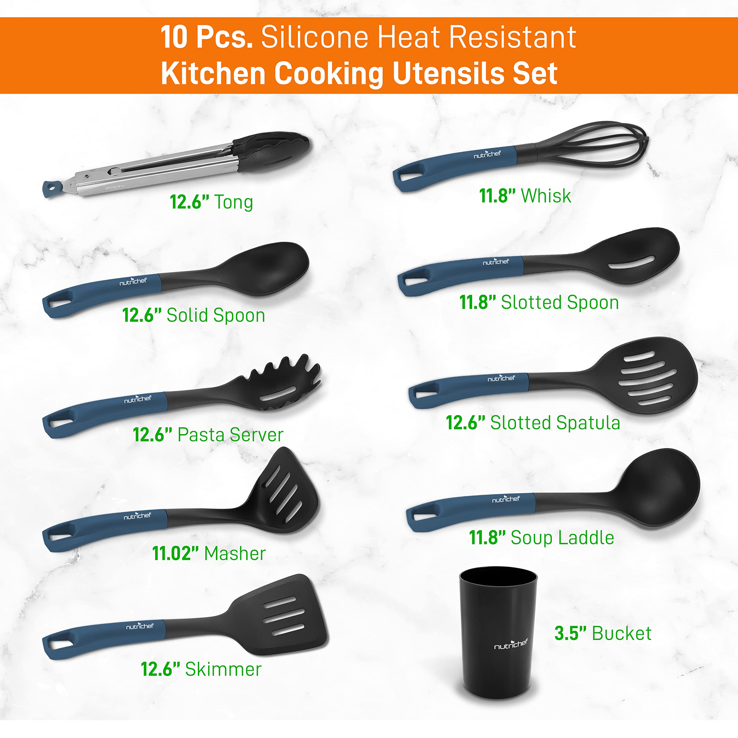 Nutrichef 10-Piece Non-Stick Heat Resistant Silicone Kitchen Gadgets Cookware Tools, Cooking Utensils Set With Holder, Pots & Pa