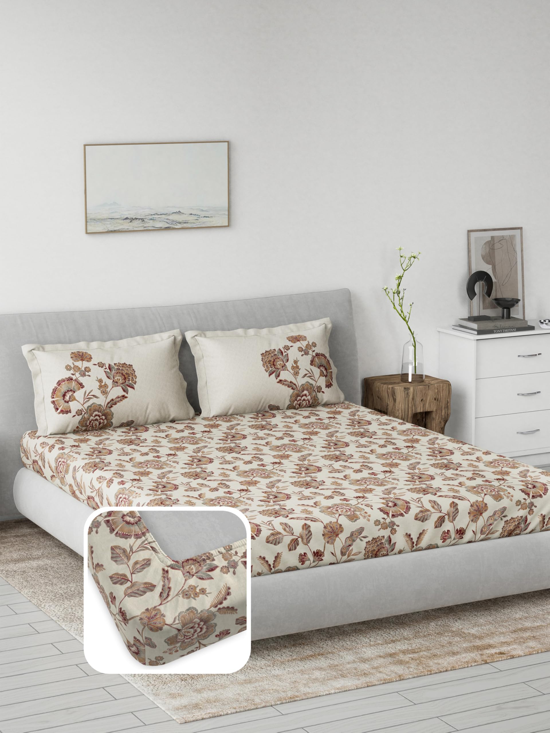 Ddecor Live Beautiful Cotton King Fitted Sheet Set with 2 Pillow Covers (182 CM X 198 CM, Brown) Digital Print Floral 145TC