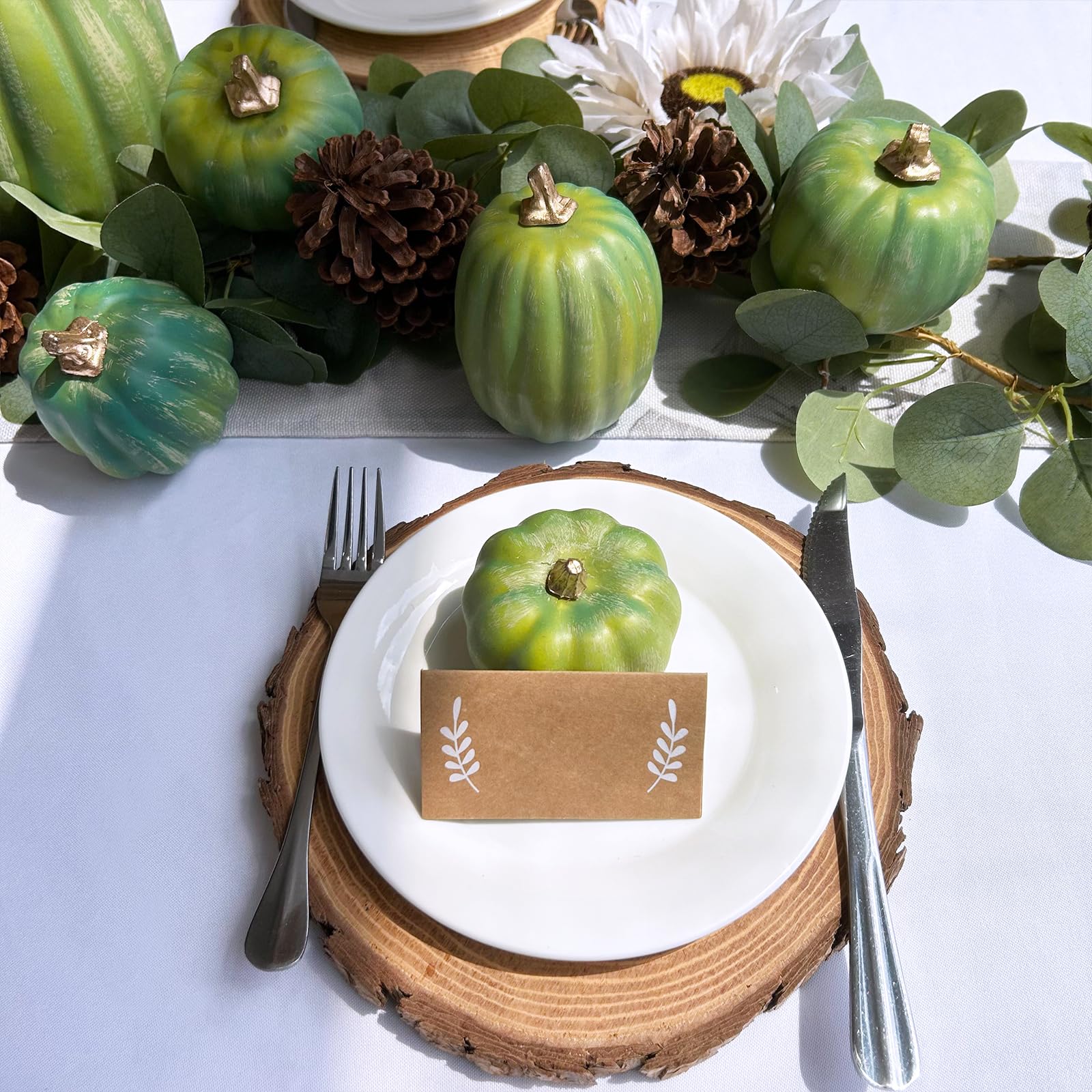 Winlyn 7 Pcs Assorted Green Artificial Pumpkins Harvest Pumpkins Deep Green Decorative Foam Pumpkins for Farmhouse Fall Wedding