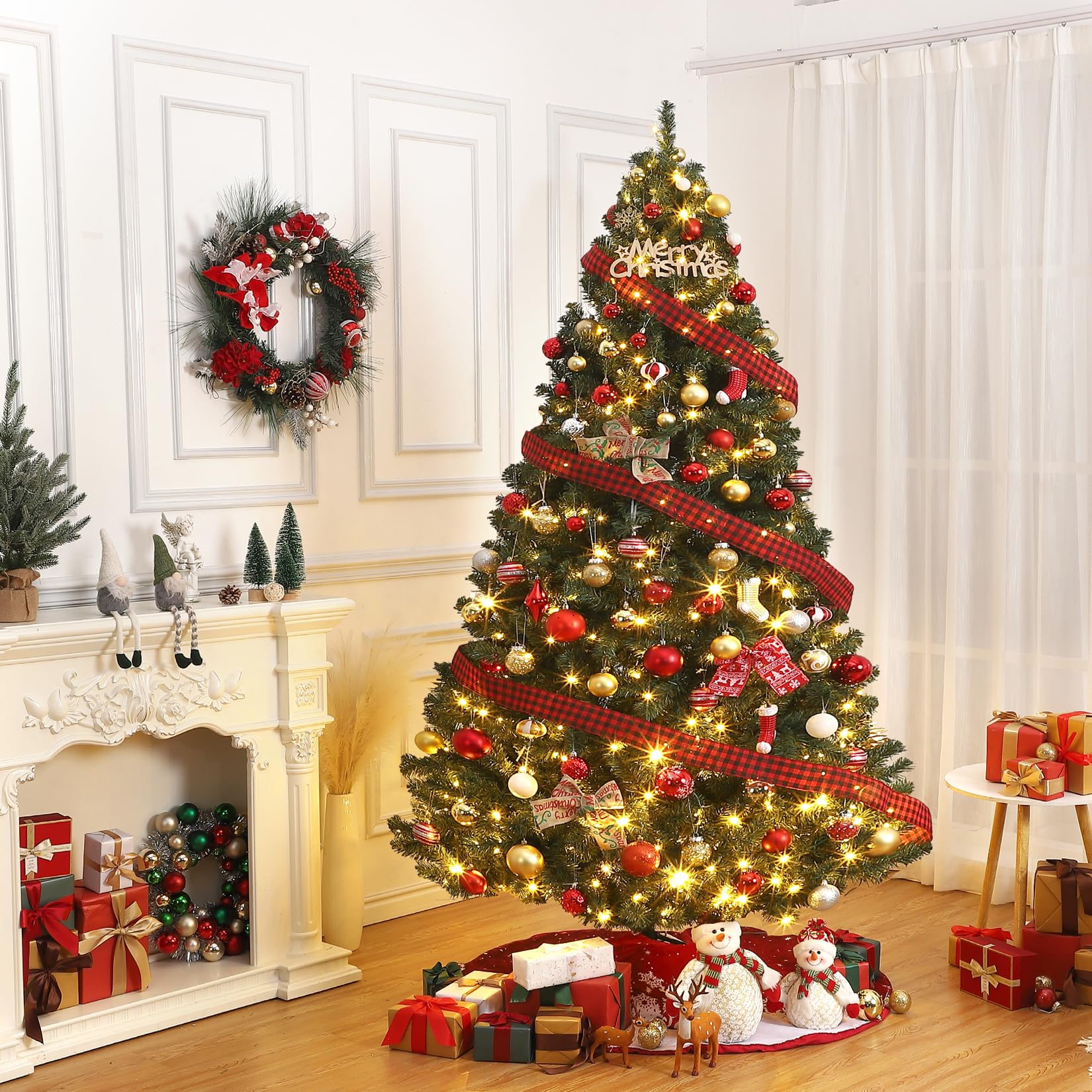 6FT Prelit Fluffy Noble Fir Artificial Christmas Tree with 500 Multicolor Lights& 9 Modes, Hinged Branches& 1400 Tips, Artificia