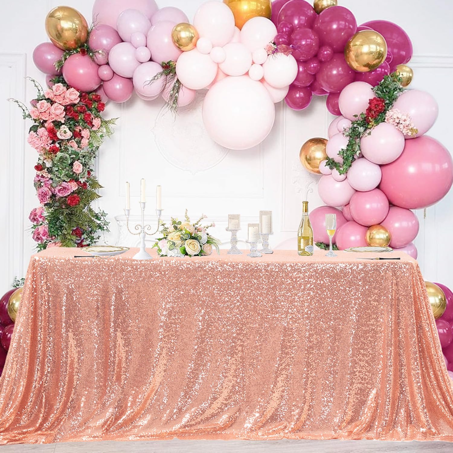 Rose Gold Rectangle Sequin Table Cloths 50X80 Inch For Parties, Glitter Shiny Overlay Cover Fitted 4 Ft Food Dessert Cake Tables