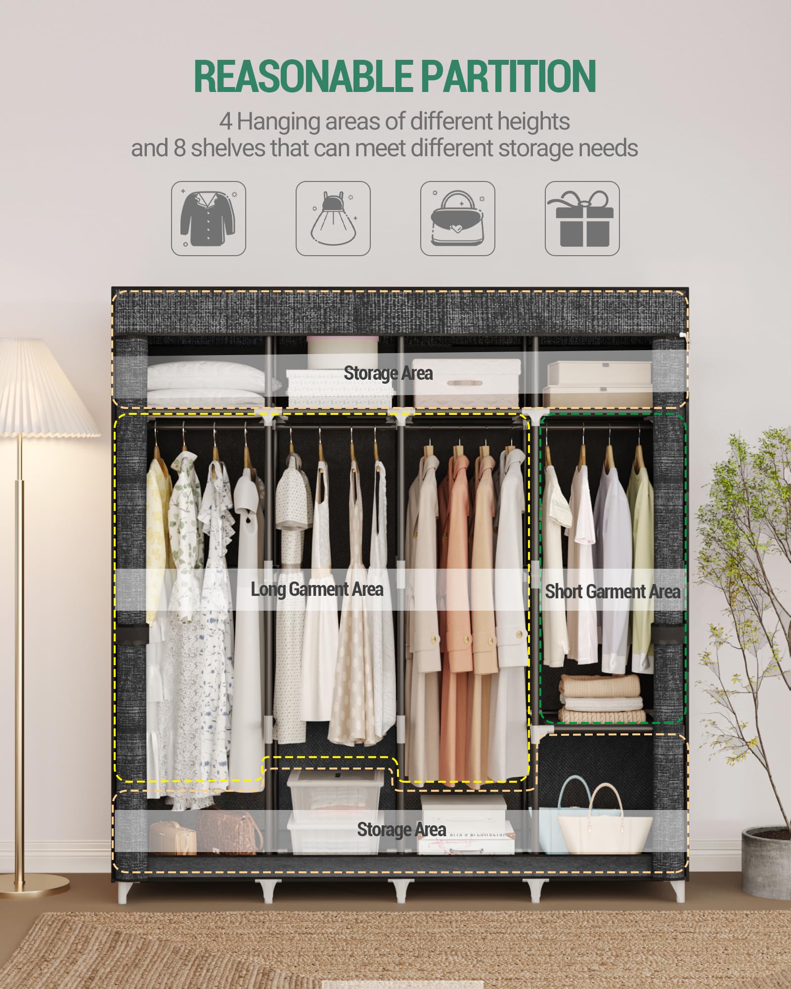 Hzuaneri 67 Inch Closet Wardrobe, Clothes Storage Organizer For Hanging Clothes With Cover, 4 Hanging Rods, 9 Storage Shelves, P