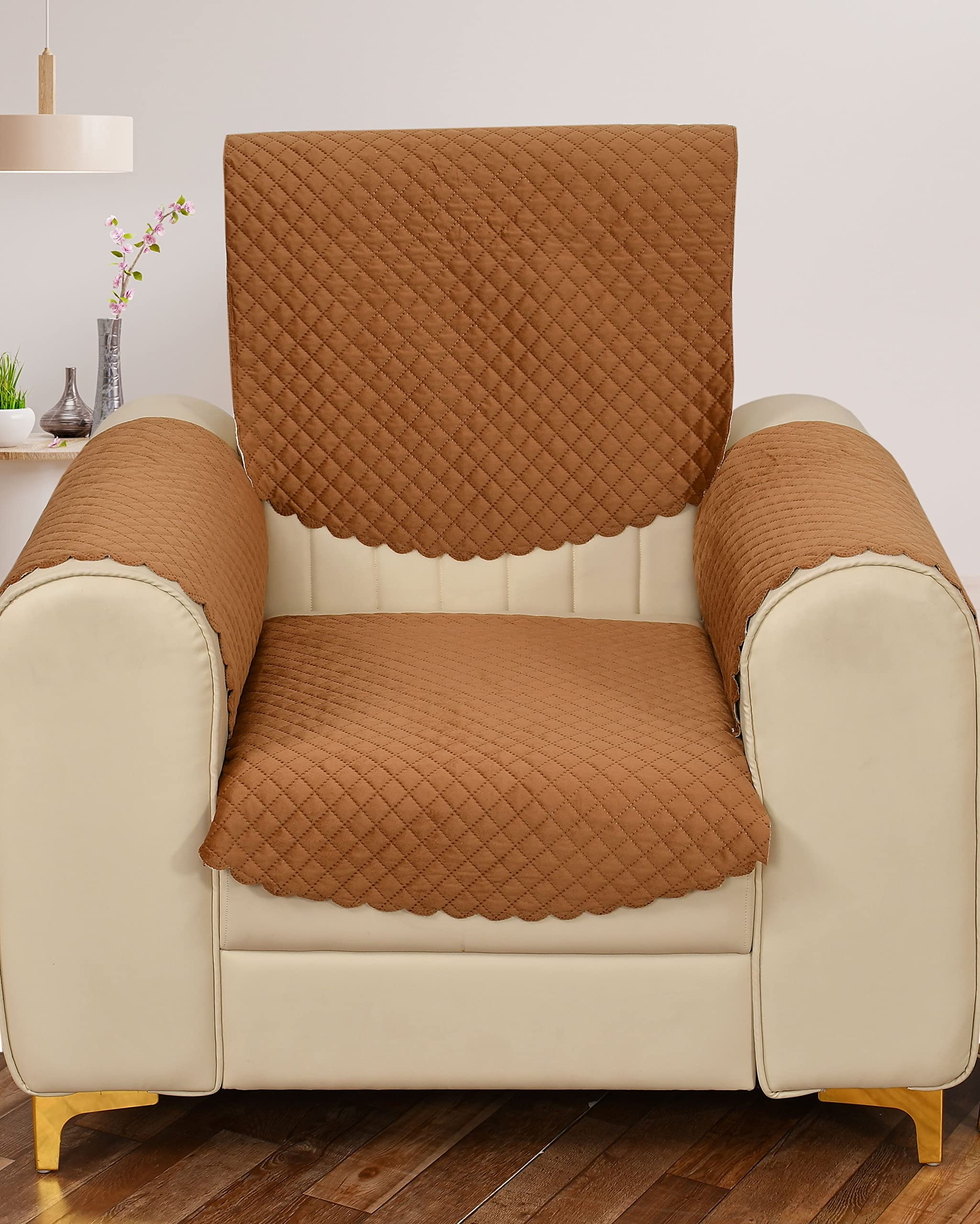 Yellow Weaves 1 Seater Self Design Quilted Sofa Chair Cover With Arm Cover, Seat & Back Cover, Color - Brown