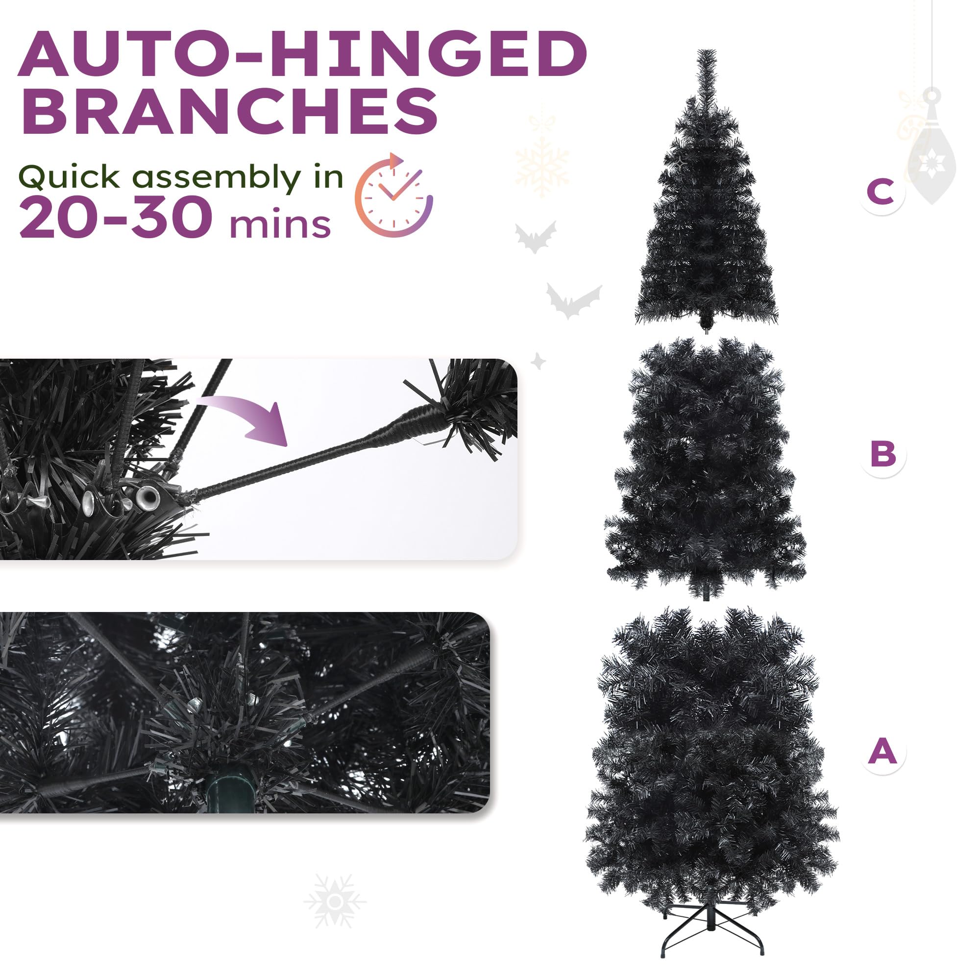 YITAHOME Prelit Black Slim Christmas Tree 6 FT with Remote Control, Prelit Pencil Fraser Fir Halloween Christmas Tree with 700 B