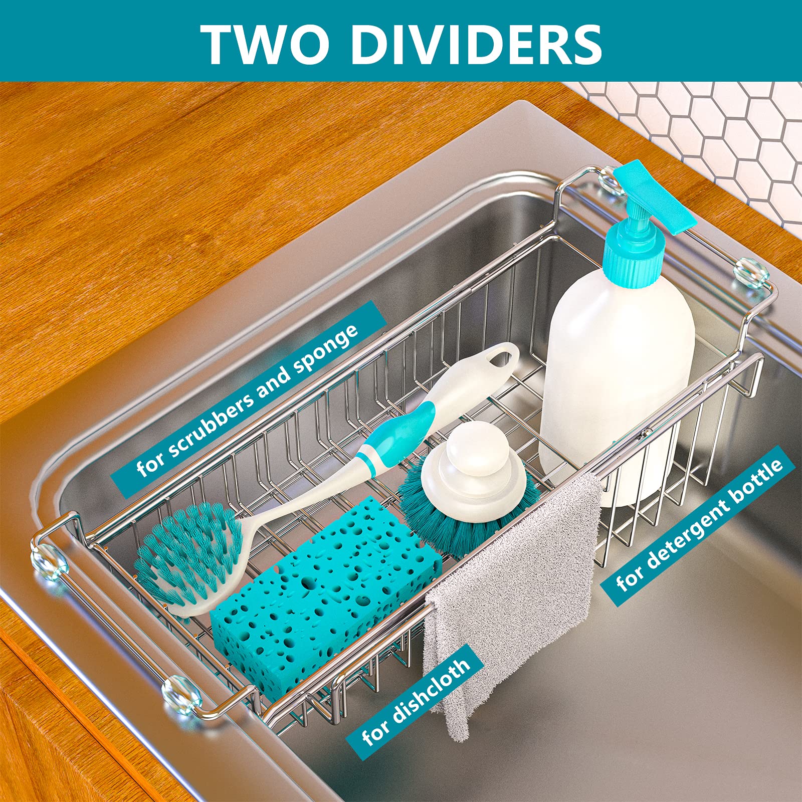 Favothings Over The Kitchen Sink Caddy Sponge Holder Organizer Drying Rack Expandable For Sponge Brush Soap Dish Cloth Rag 14.5'