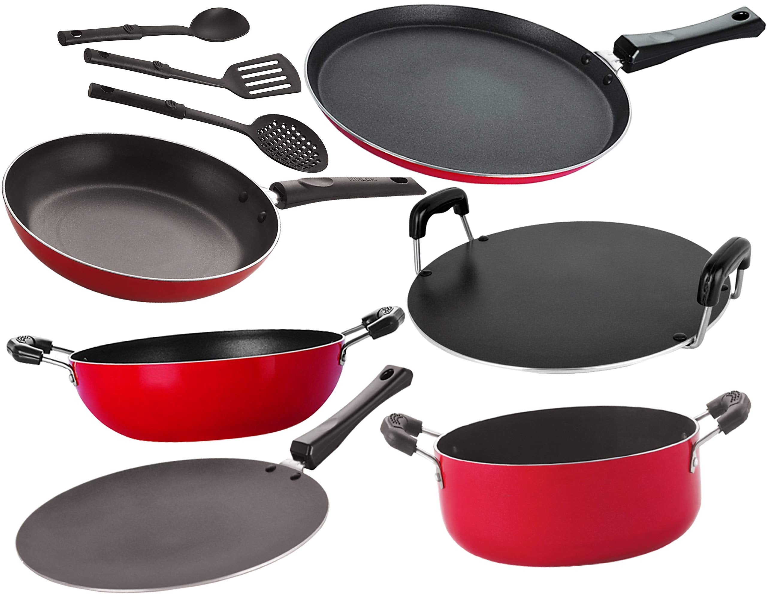 Nirlon Gas Compatible NonStick Aluminium Cookware Set, 9Pieces, Red/Black [26_Ft12_Ct_Kd13_Rt_Cass20_Tp24_3Spn]